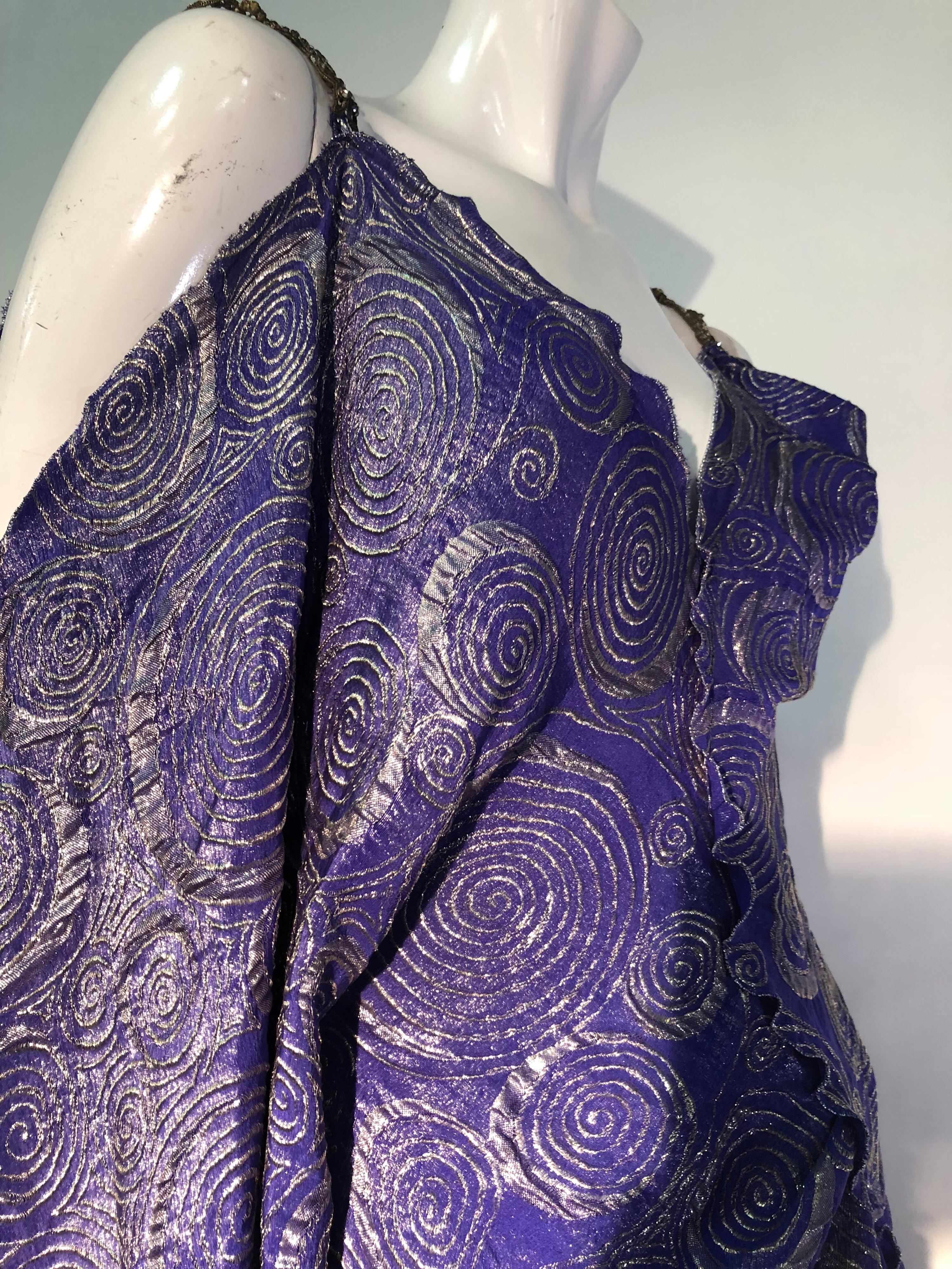Women's Fortuny Style Violet & Silver Lame Swirl Wrap Kaftan W/ Jeweled Shoulders