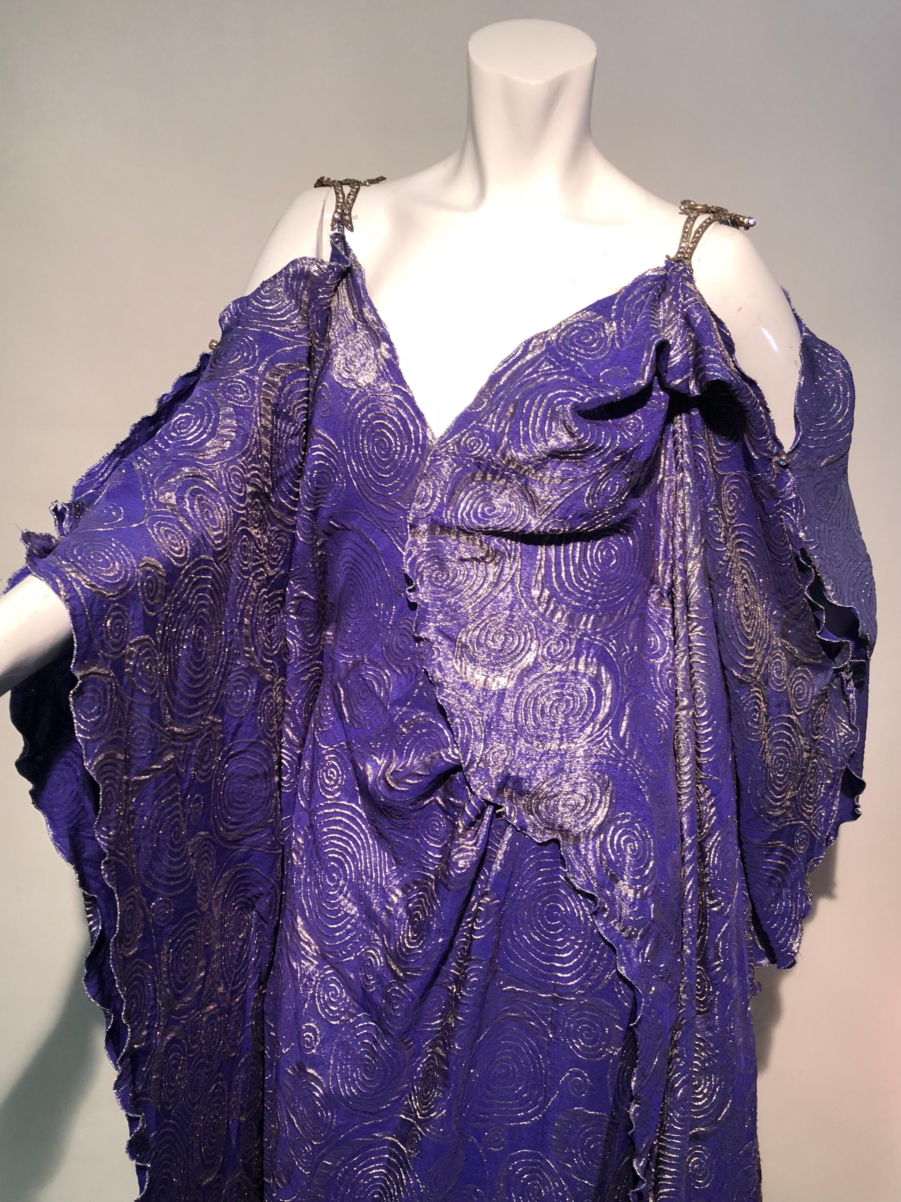 Fortuny Style Violet & Silver Lame Swirl Wrap Kaftan W/ Jeweled Shoulders 3