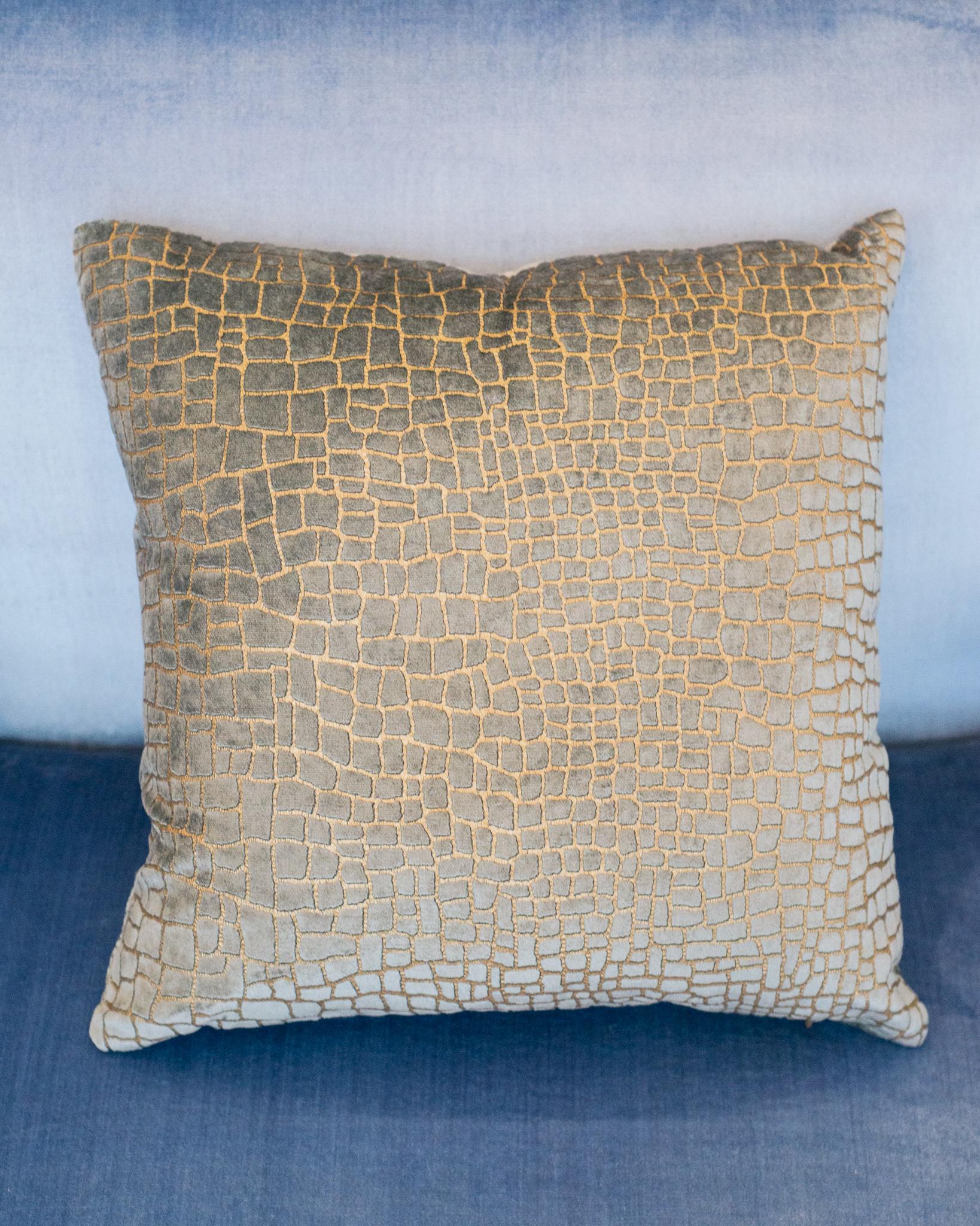 A Fortuny / Ventia Stvdivm pillow in pale blue crocodile print viscose cotton velvet with gold. Down filled, made in Venice.