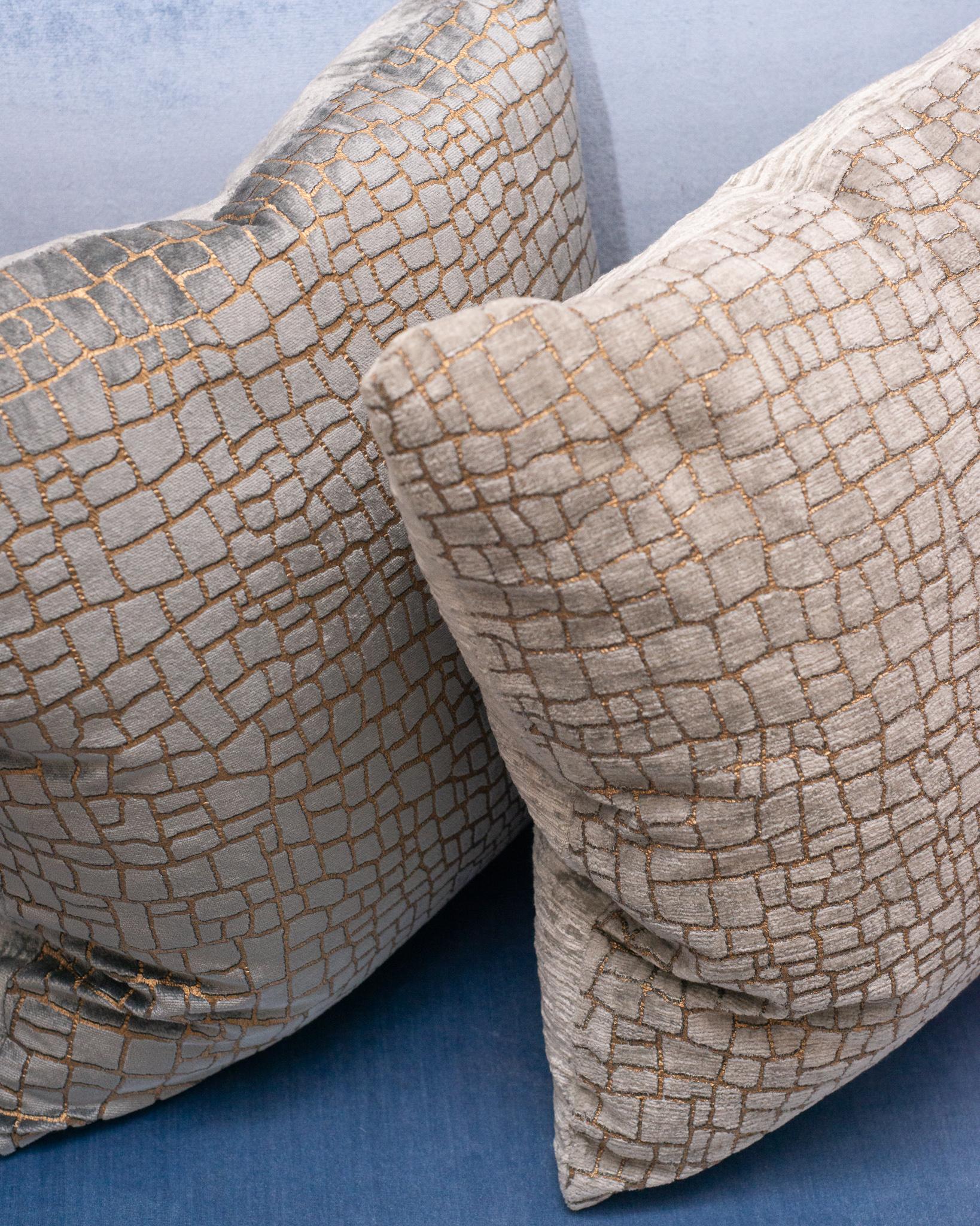 Fortuny / Venetia Stvdivm Pale Blue and Gold Crocodile Velvet Pillow In New Condition In Toronto, ON