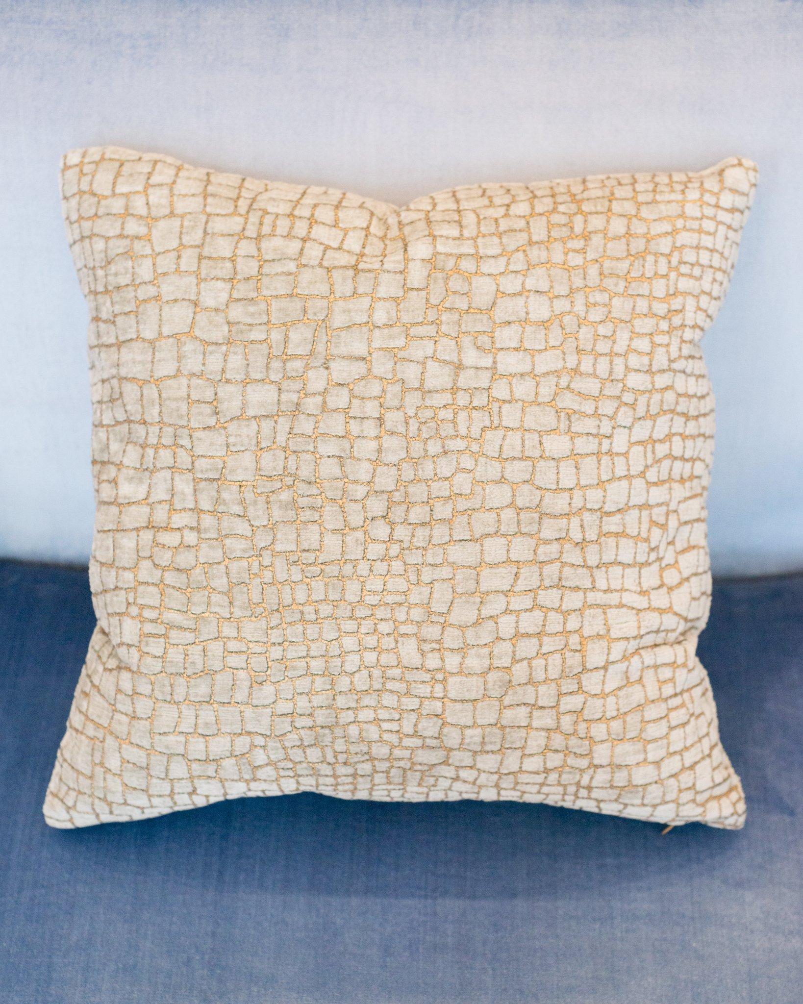 A Fortuny / Venetia Stvdivm pillow in pale grey crocodile print cotton viscose velvet with gold. Down filled, made in Venice.