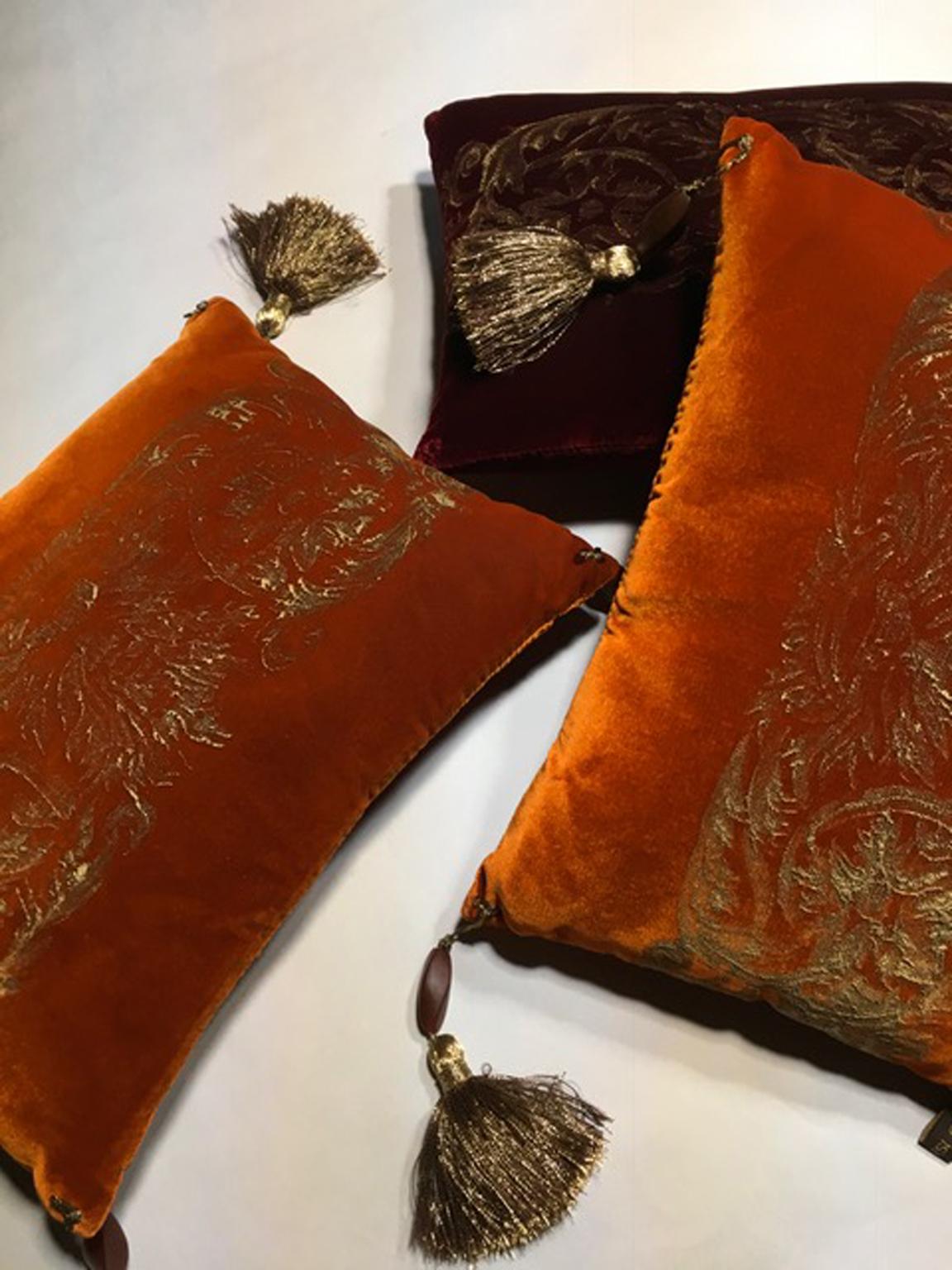 Fortuny Venice Style Set Three Orange Silk Pillows in Golden Color Hand Printed 3