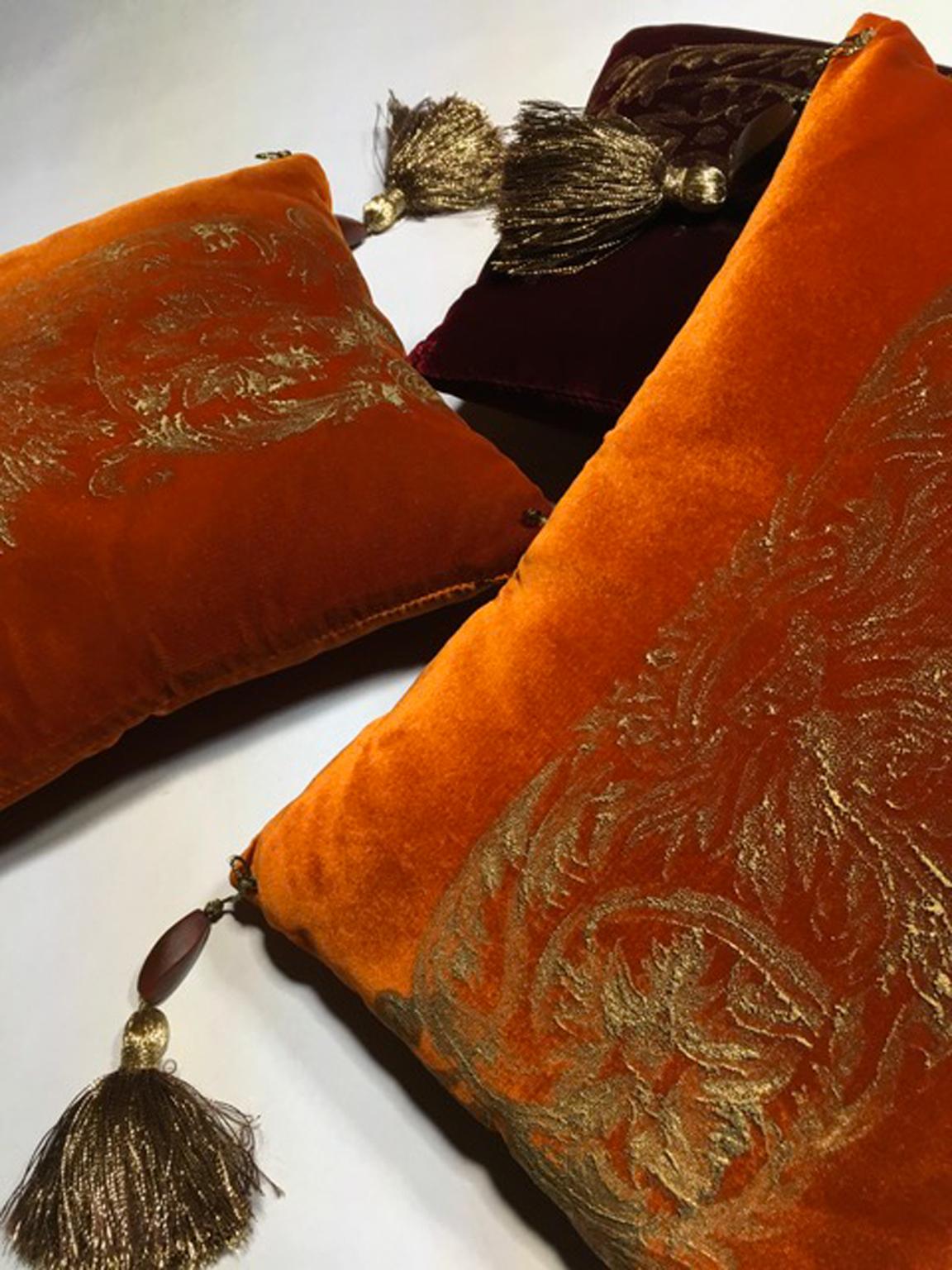 Fortuny Venice Style Set Three Orange Silk Pillows in Golden Color Hand Printed 4