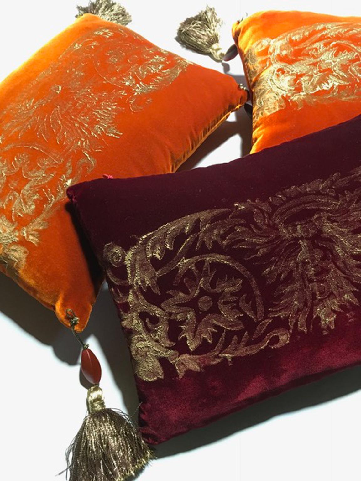 Fortuny Venice Style Set Three Orange Silk Pillows in Golden Color Hand Printed 5