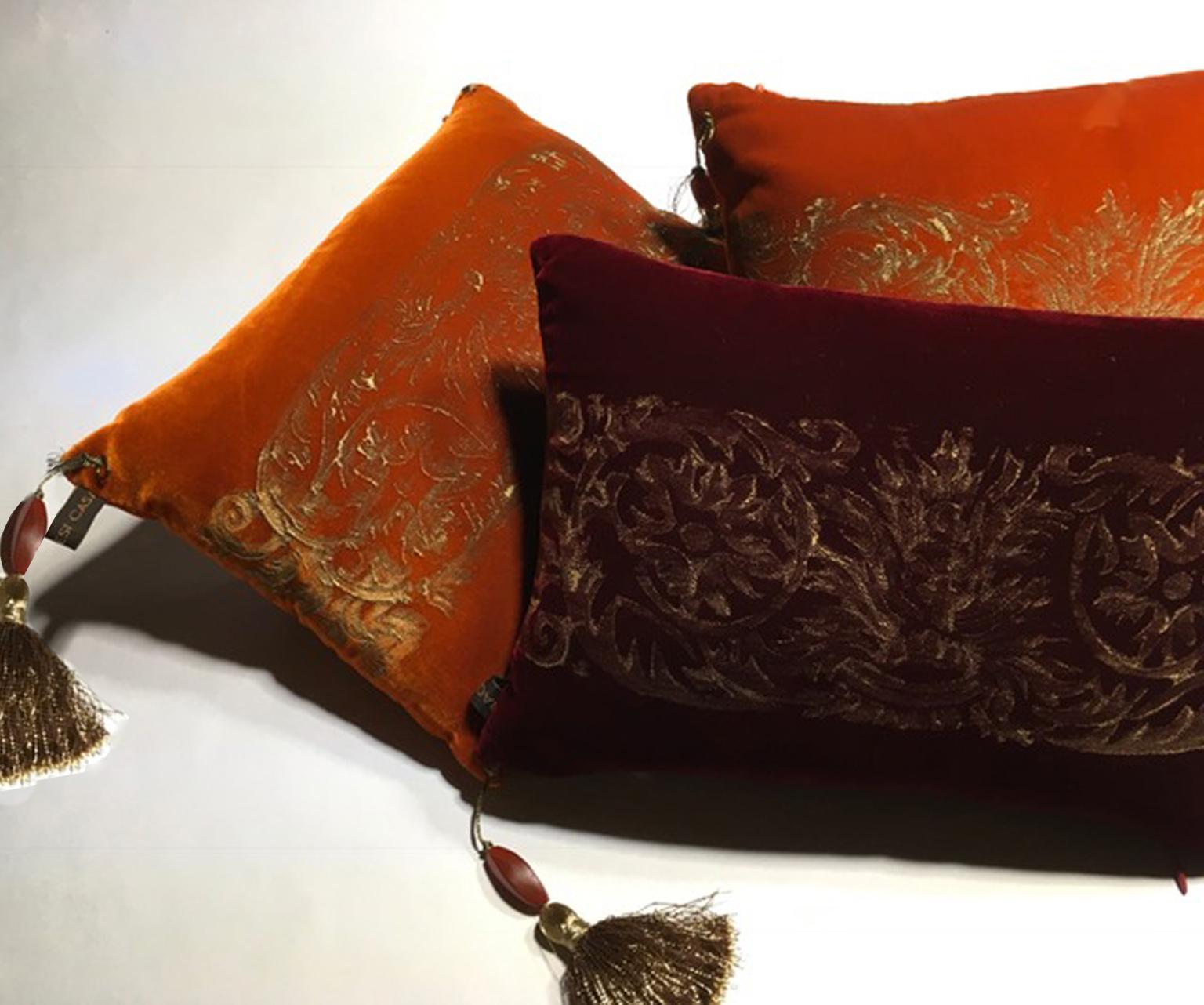 Fortuny Venice Style Set Three Orange Silk Pillows in Golden Color Hand Printed 6