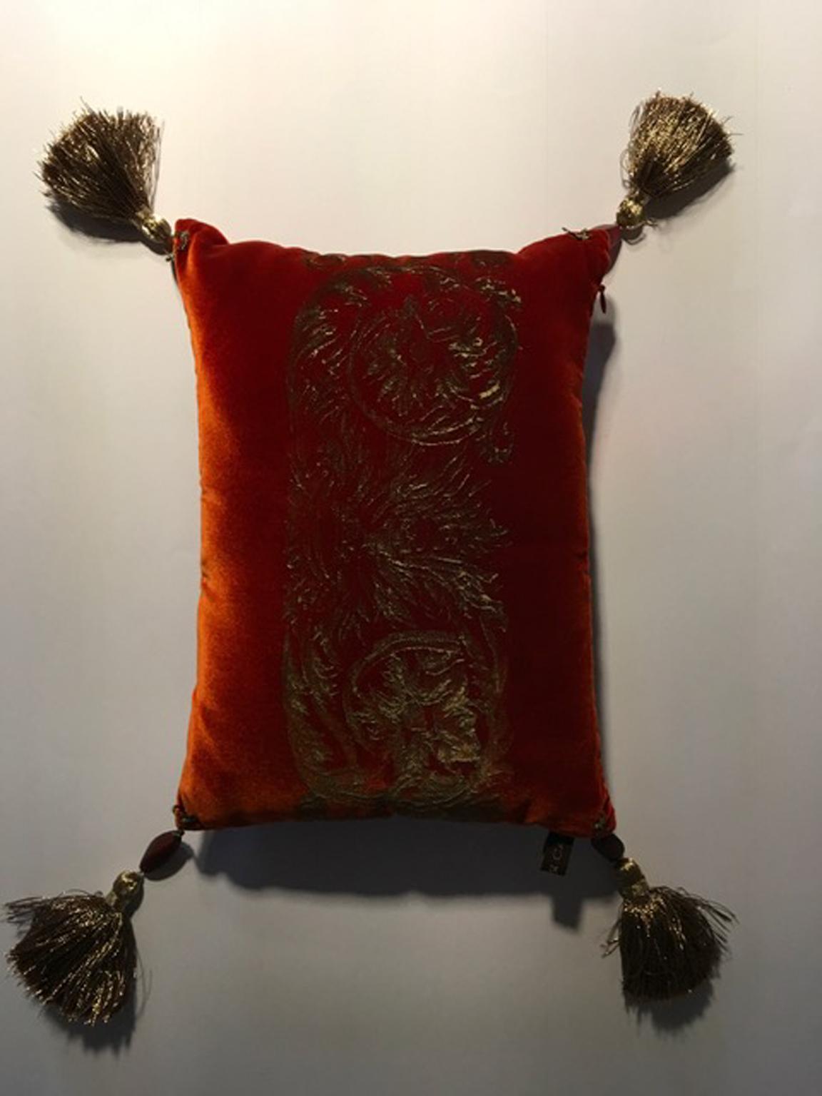 Fortuny Venice Style Set Three Orange Silk Pillows in Golden Color Hand Printed 7