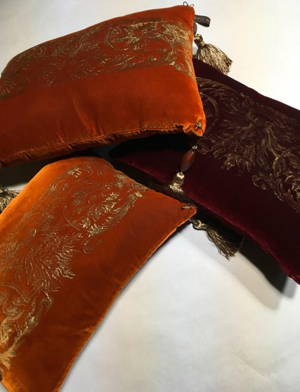 Baroque Fortuny Venice Style Set Three Orange Silk Pillows in Golden Color Hand Printed