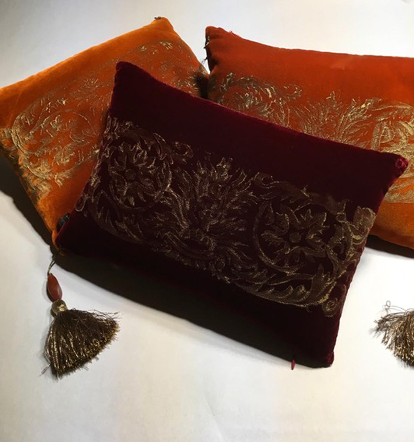 Italian Fortuny Venice Style Set Three Orange Silk Pillows in Golden Color Hand Printed