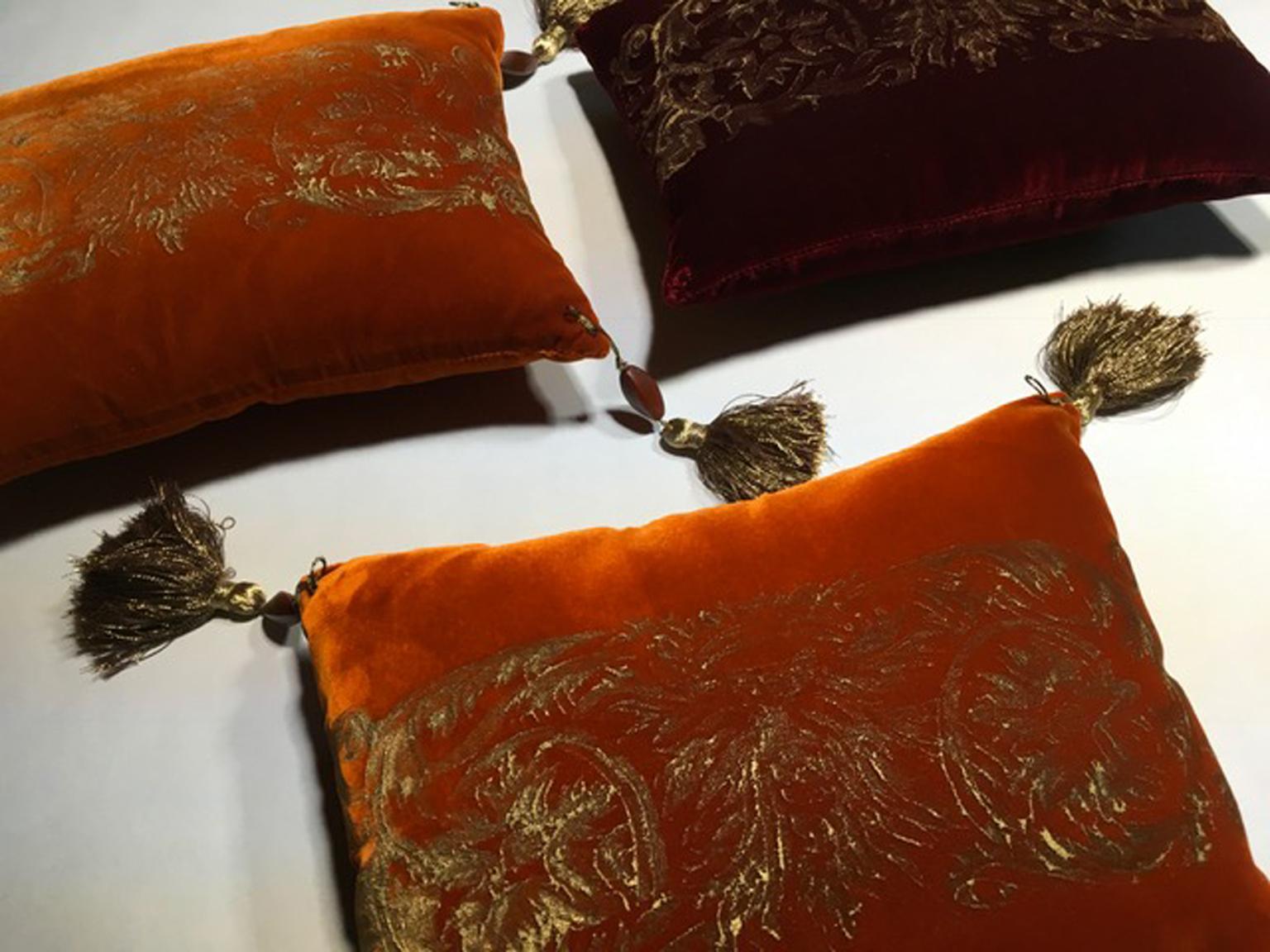Hand-Crafted Fortuny Venice Style Set Three Orange Silk Pillows in Golden Color Hand Printed