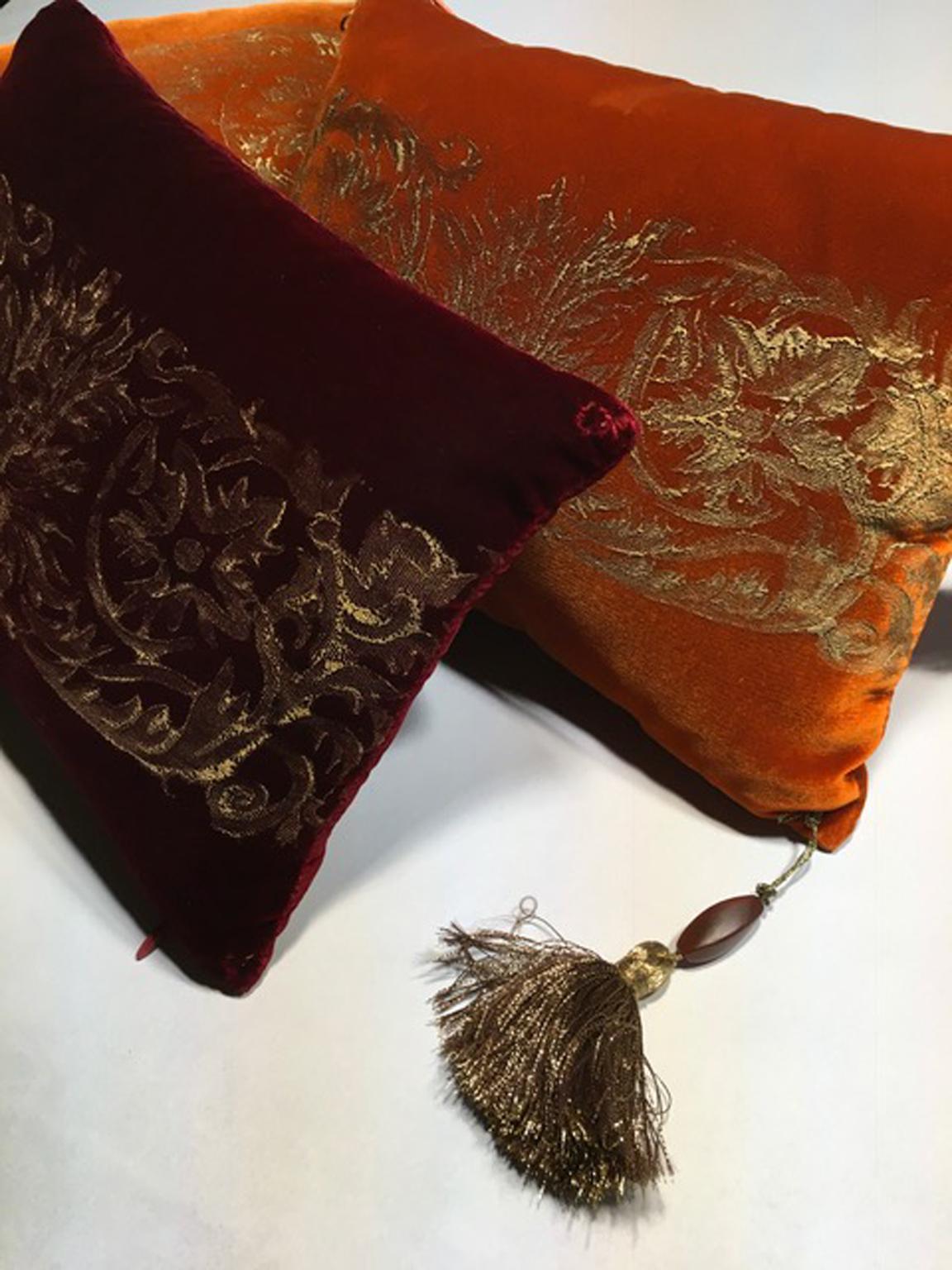 Contemporary Fortuny Venice Style Set Three Orange Silk Pillows in Golden Color Hand Printed