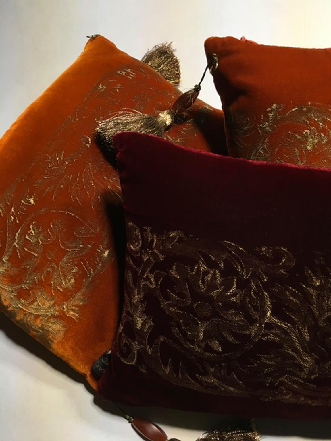 Fortuny Venice Style Set Three Orange Silk Pillows in Golden Color Hand Printed 2