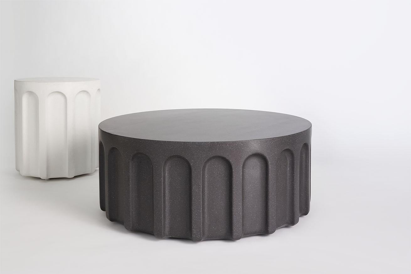 Listed price is for the Forum coffee table in either chalk, fog, madrone, and obsidian colors.

Prices exclude packing. 

Coffee and side table constructed out of molded reinforced concrete and available in select colors. The hand etched arching
