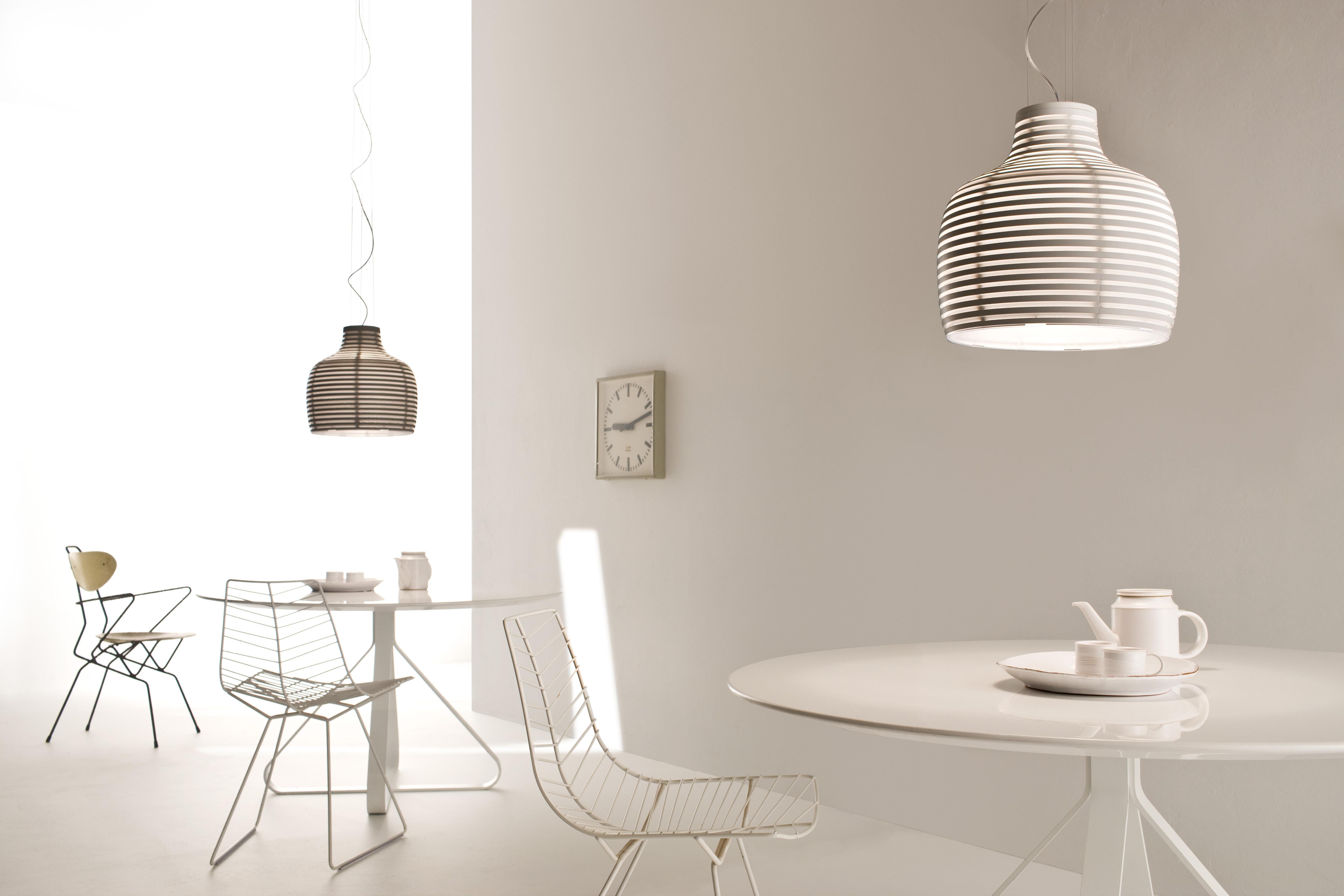 Suspension lamp with diffused and direct light. Matt injection molded batch-dyed ABS diffuser consisting of 6 assembled modules. Opaline polycarbonate internal diffuser with central hole that conceals the technical components and leaves the light