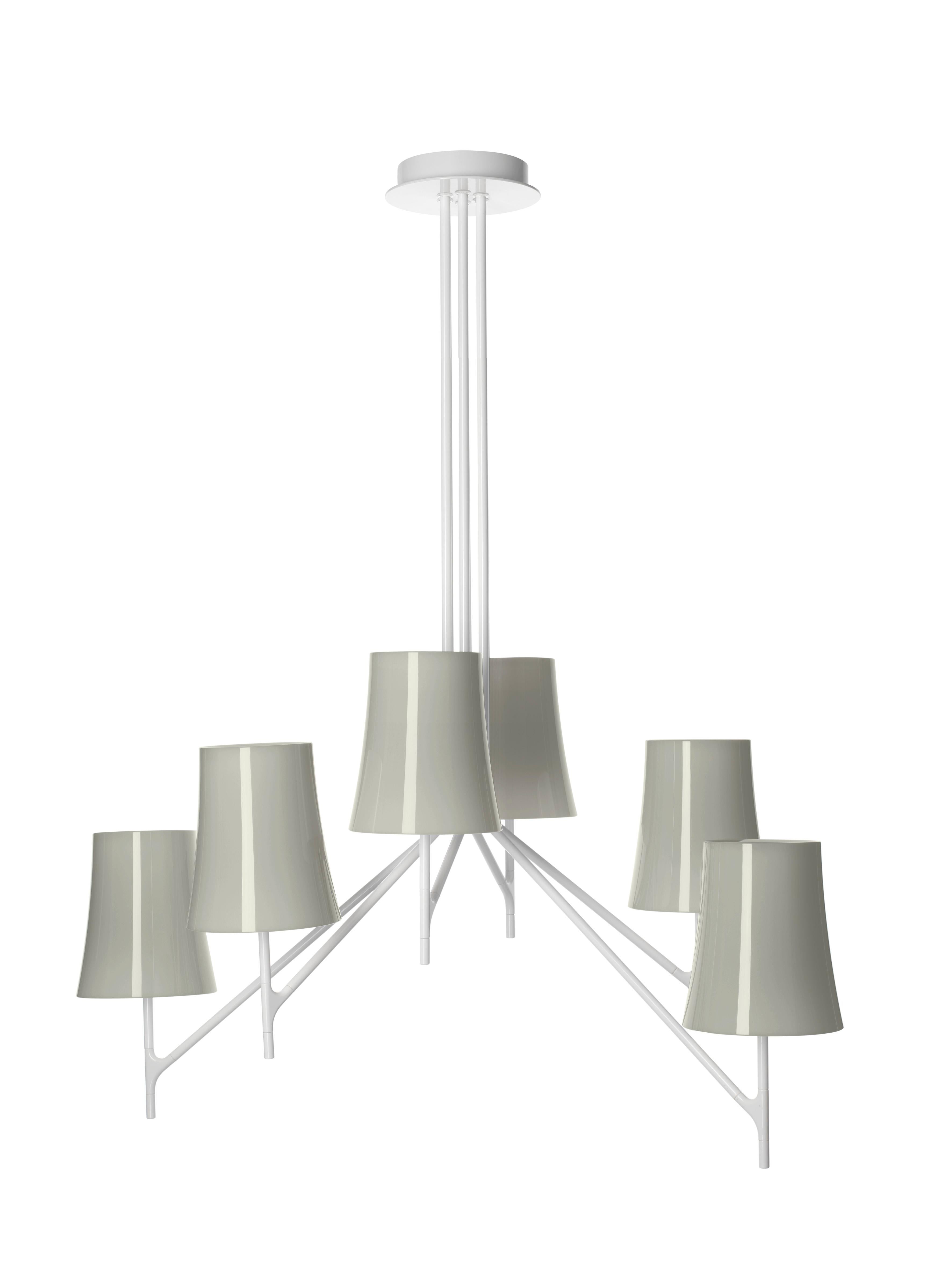 System of diffused light ceiling lamps, available in compositions with 3, 6, 9 arms with rods of 3 different lengths; the versions are achieved by combining several sizes. Metal ceiling flange and aluminum rod, both epoxy powder coated. Opaline