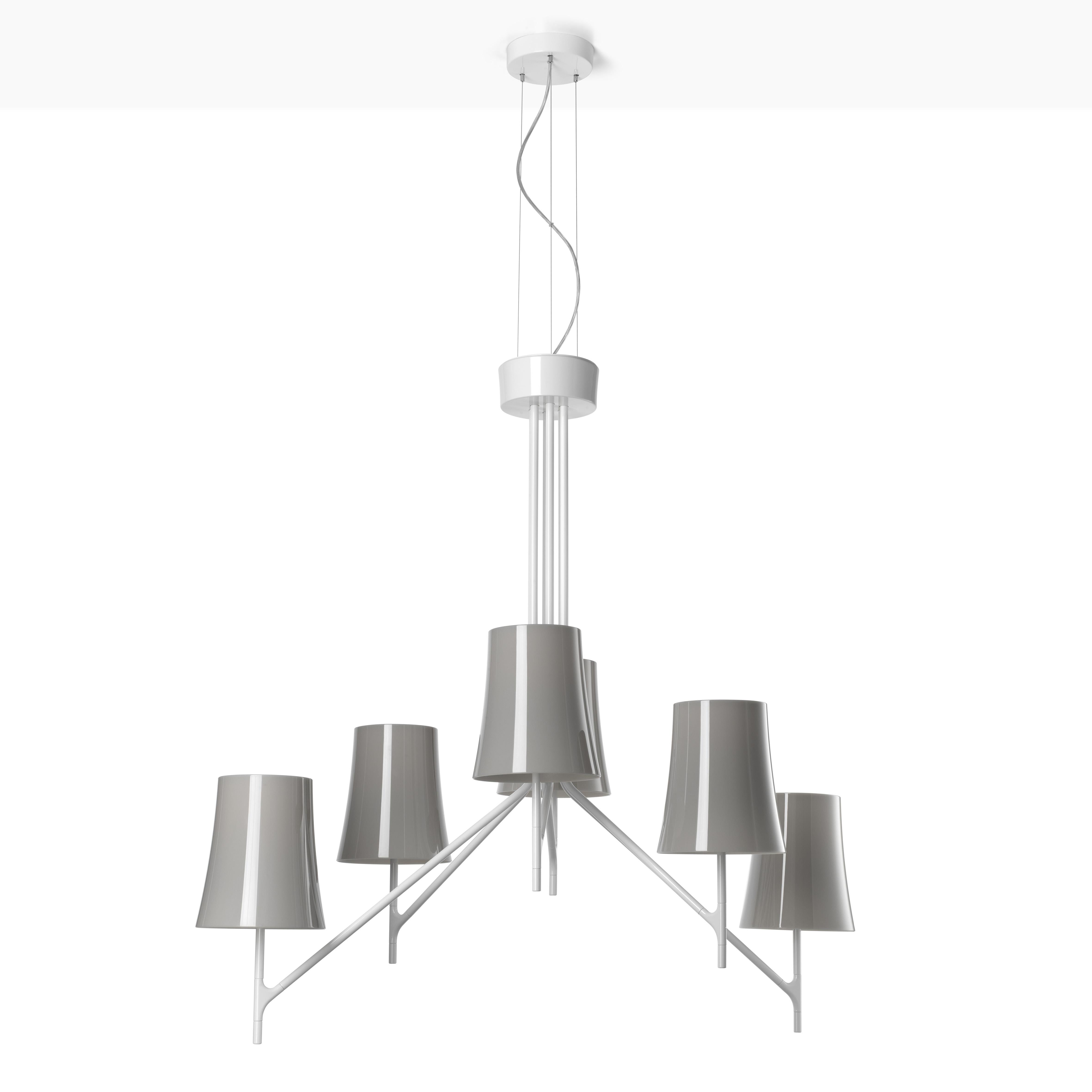 System of diffused light ceiling lamps, available in compositions with 3, 6, 9 arms with rods of 3 different lengths; the versions are achieved by combining several sizes. Metal ceiling flange and aluminum rod, both epoxy powder coated. Opaline