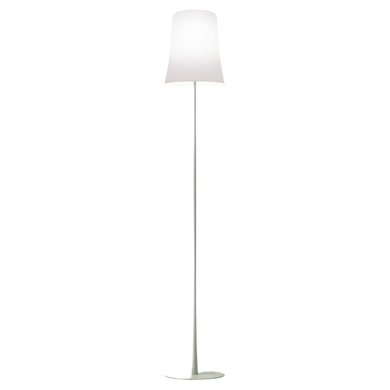 Floor and reading lamp with diffused light. Die cast zinc alloy base and steel rod, both liquid coated. Opaline polycarbonate internal diffuser, translucent polycarbonate external diffuser, both injection molded. The touch dimmer sensor is located