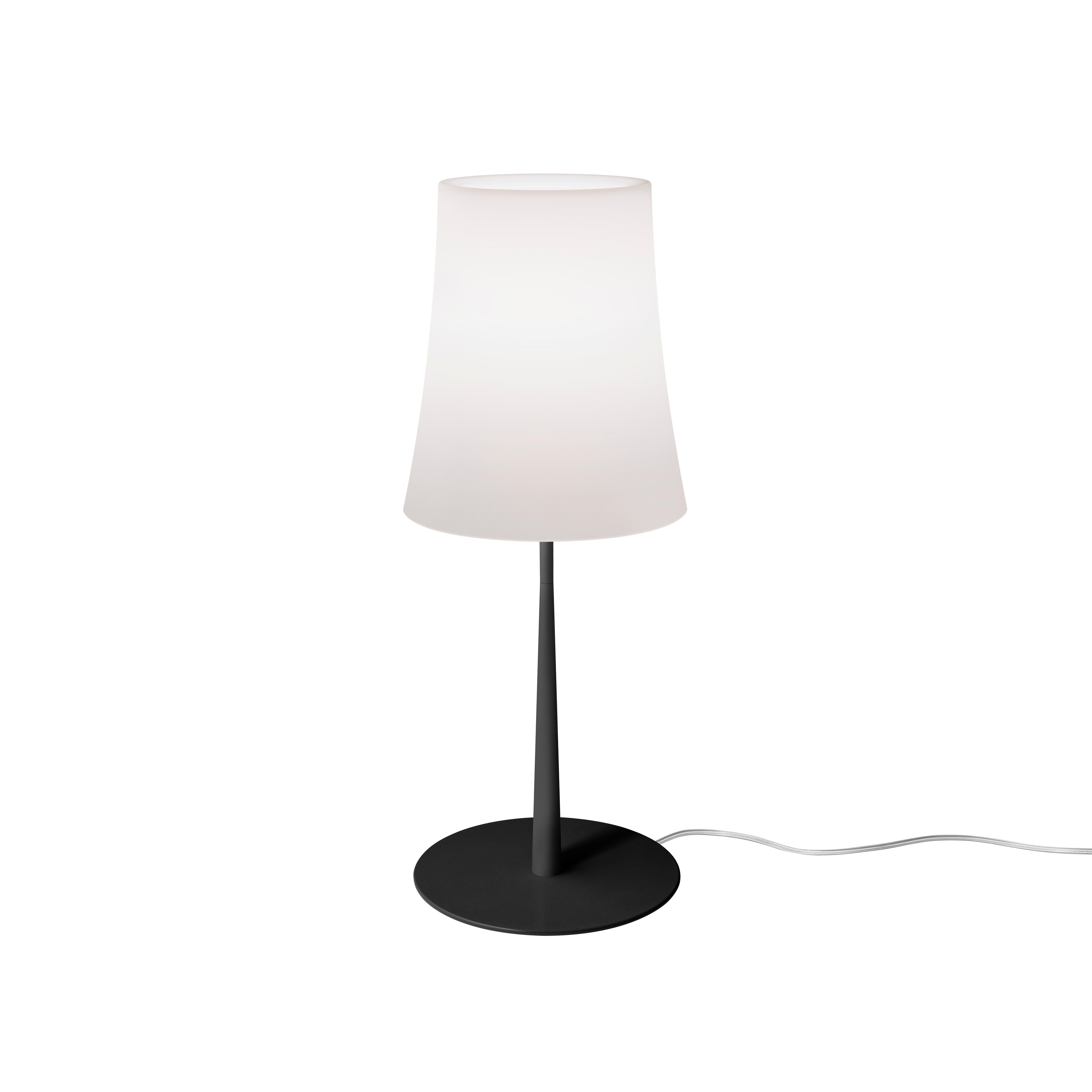 Birdie’s poetic design gains in essentiality becoming more accessible and extraordinarily versatile.

Table lamp with diffused light. Die cast zinc alloy base and steel rod, both liquid coated. Opaline injection molded polycarbonate internal