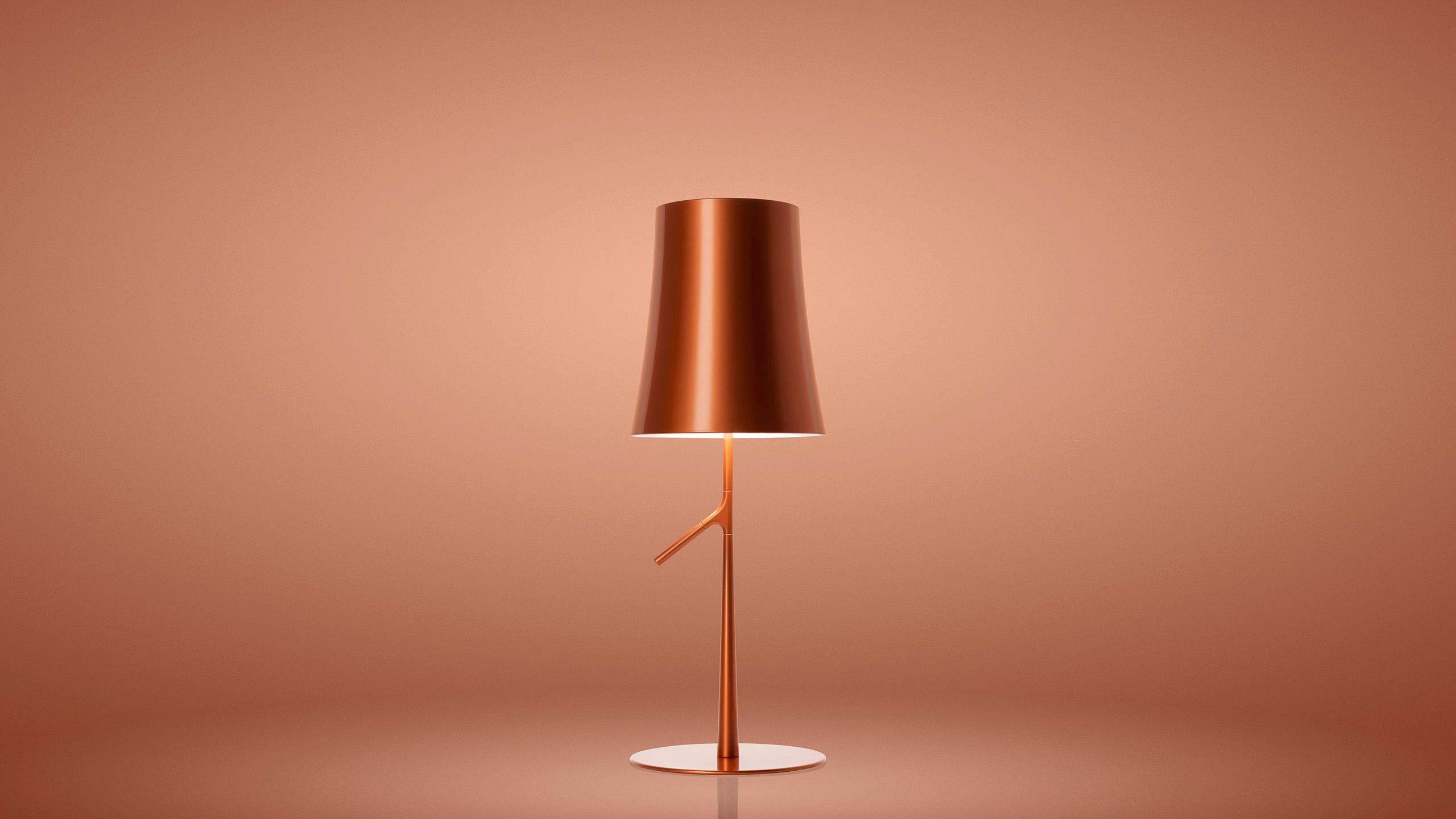 Table lamp with diffused light. Die cast zinc alloy base and steel rod, both liquid coated. Opaline injection molded polycarbonate internal diffuser, translucent injection molded polycarbonate external diffuser. In the large version and in the small