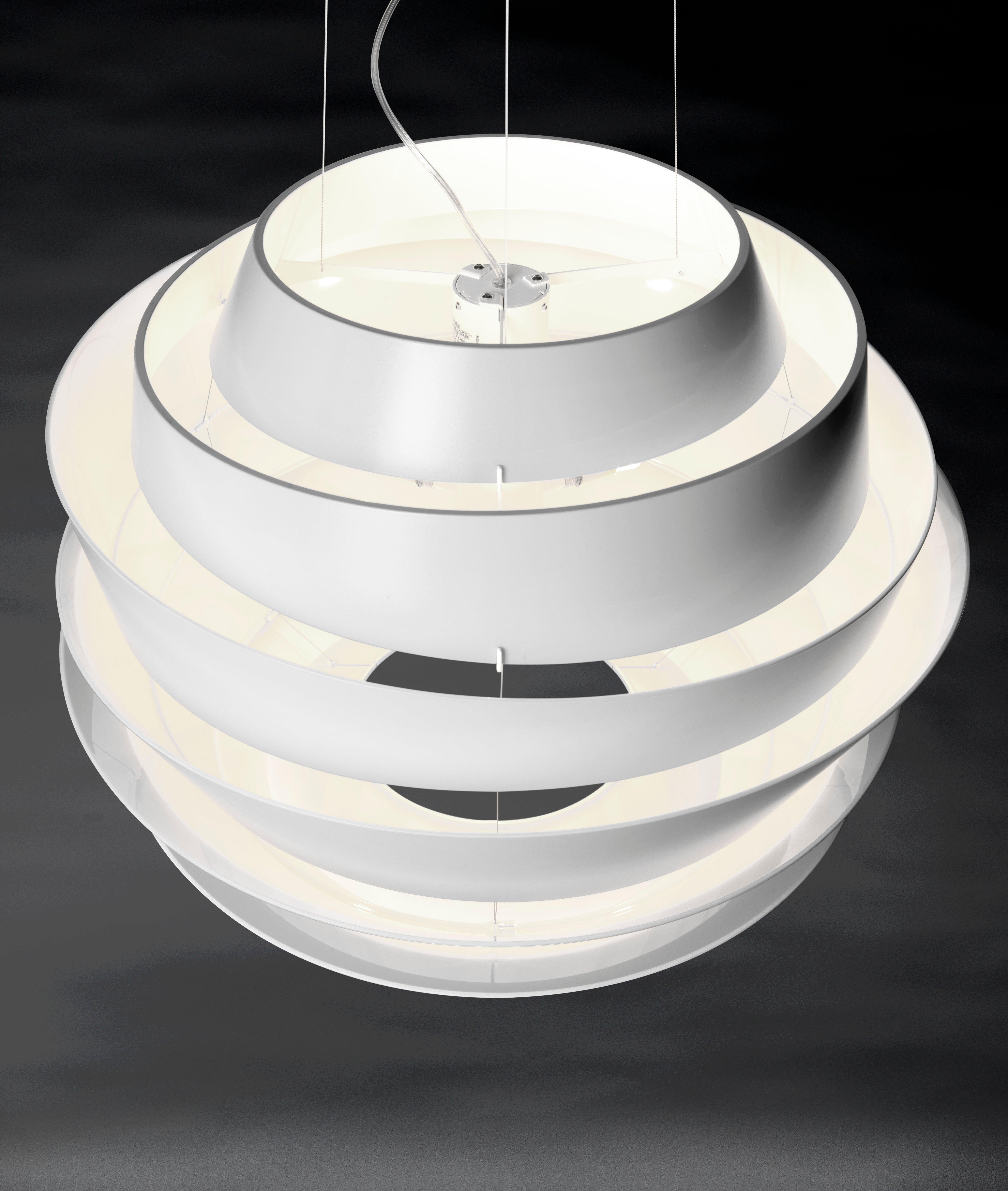 Suspension lamp with diffused and direct light. Diffuser consisting of 6 rings of various diameters and shapes with an oblique cut, made of matt finish injection molded polycarbonate, secured to the epoxy powder coated metal internal frame using 3