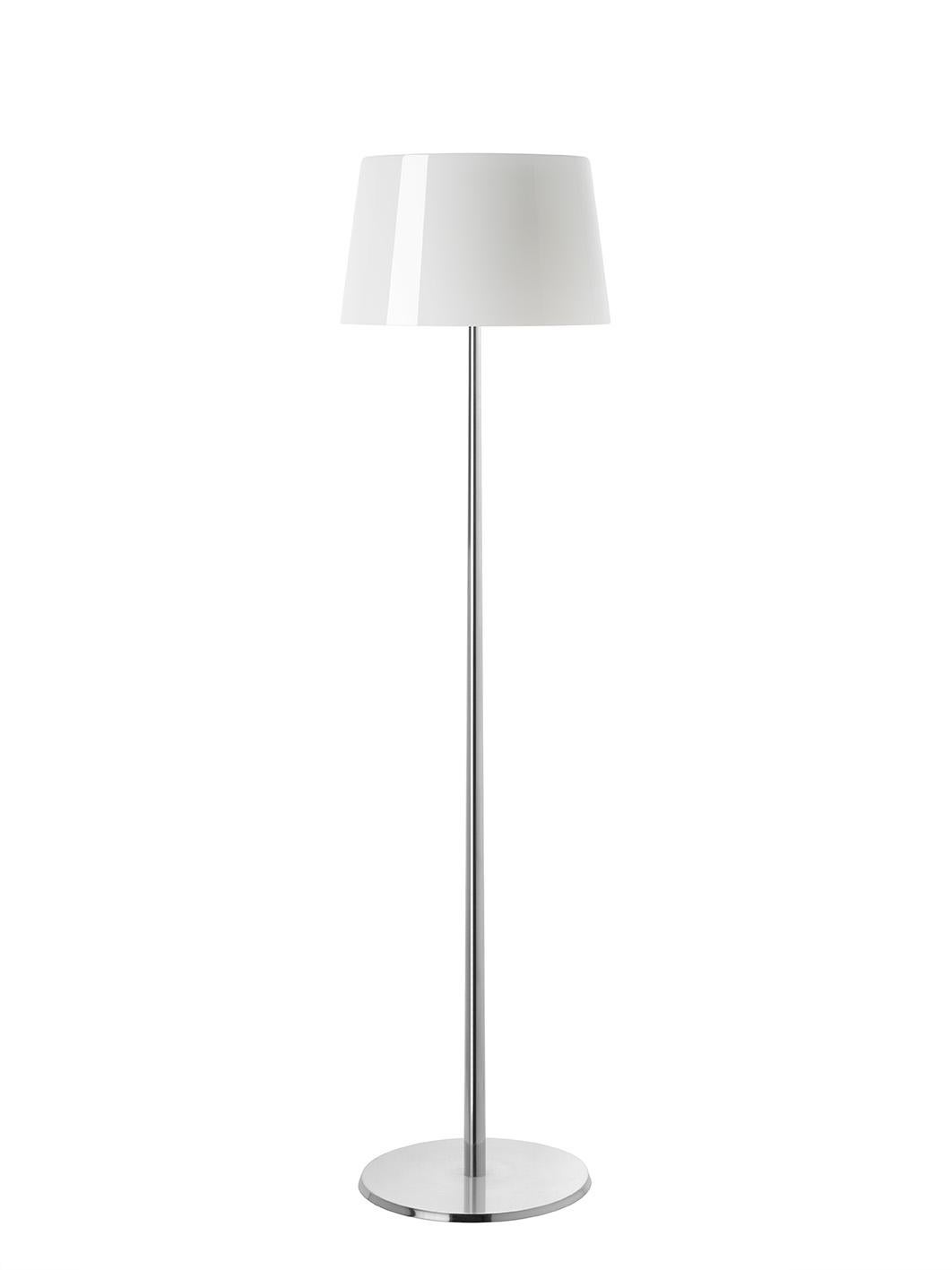 Floor lamp (reading lamp) with direct and diffused light. Hand blown cased glass diffuser with glossy and finish, white on the inside and colored on the outside. Die cast aluminum base and stem is hand and finished and polished, liquid painted in