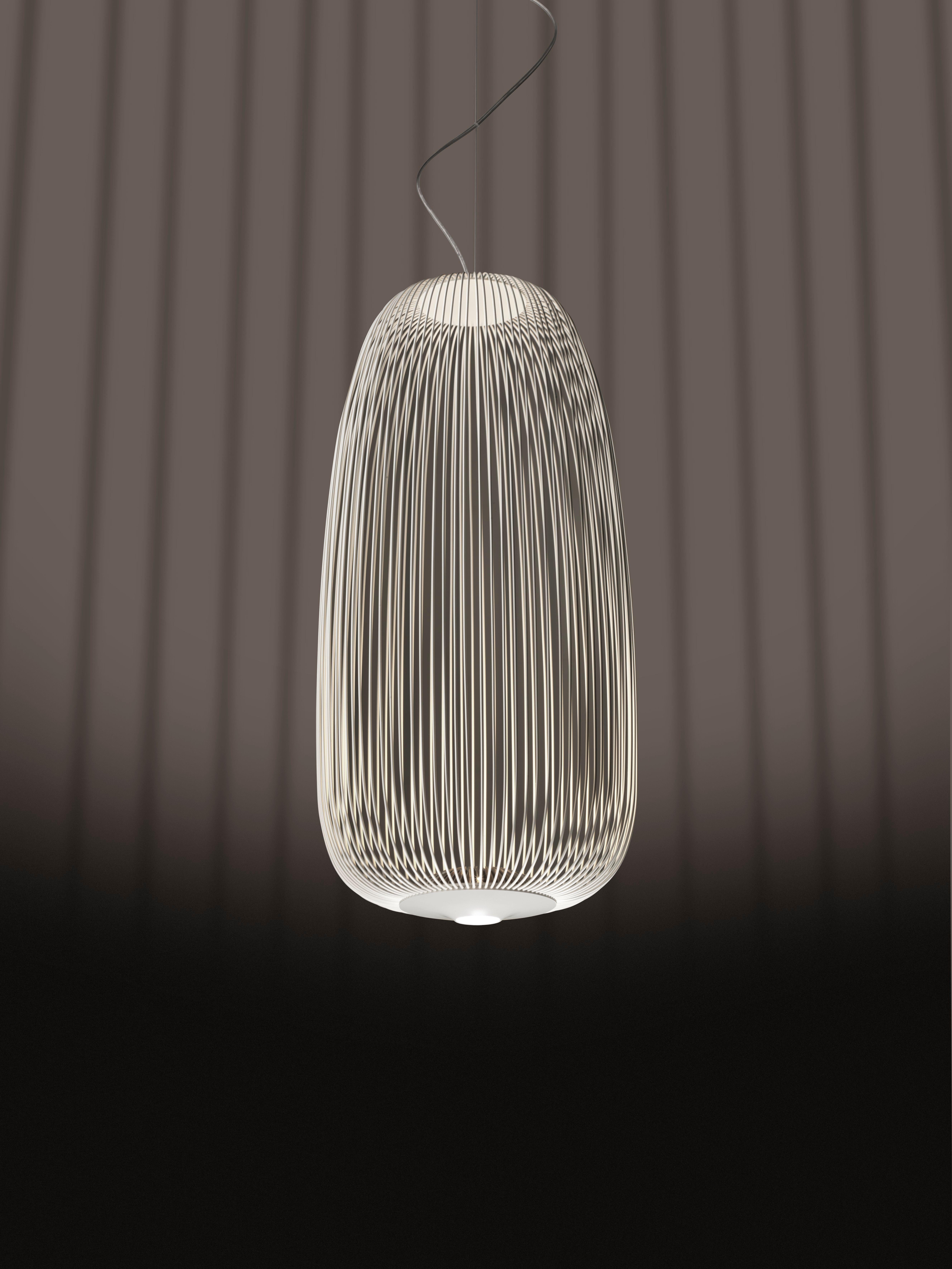 A collection of suspension lamps with two different shapes. The opaque epoxy powder varnished steel spokes are attached to the upper part by two ABS or polycarbonate discs and to the lower part of the aluminium module that acts as the housing and