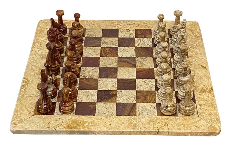 Handmade Miniature Travelling Chess Set Game in Pokerwork Box, Circa 1900