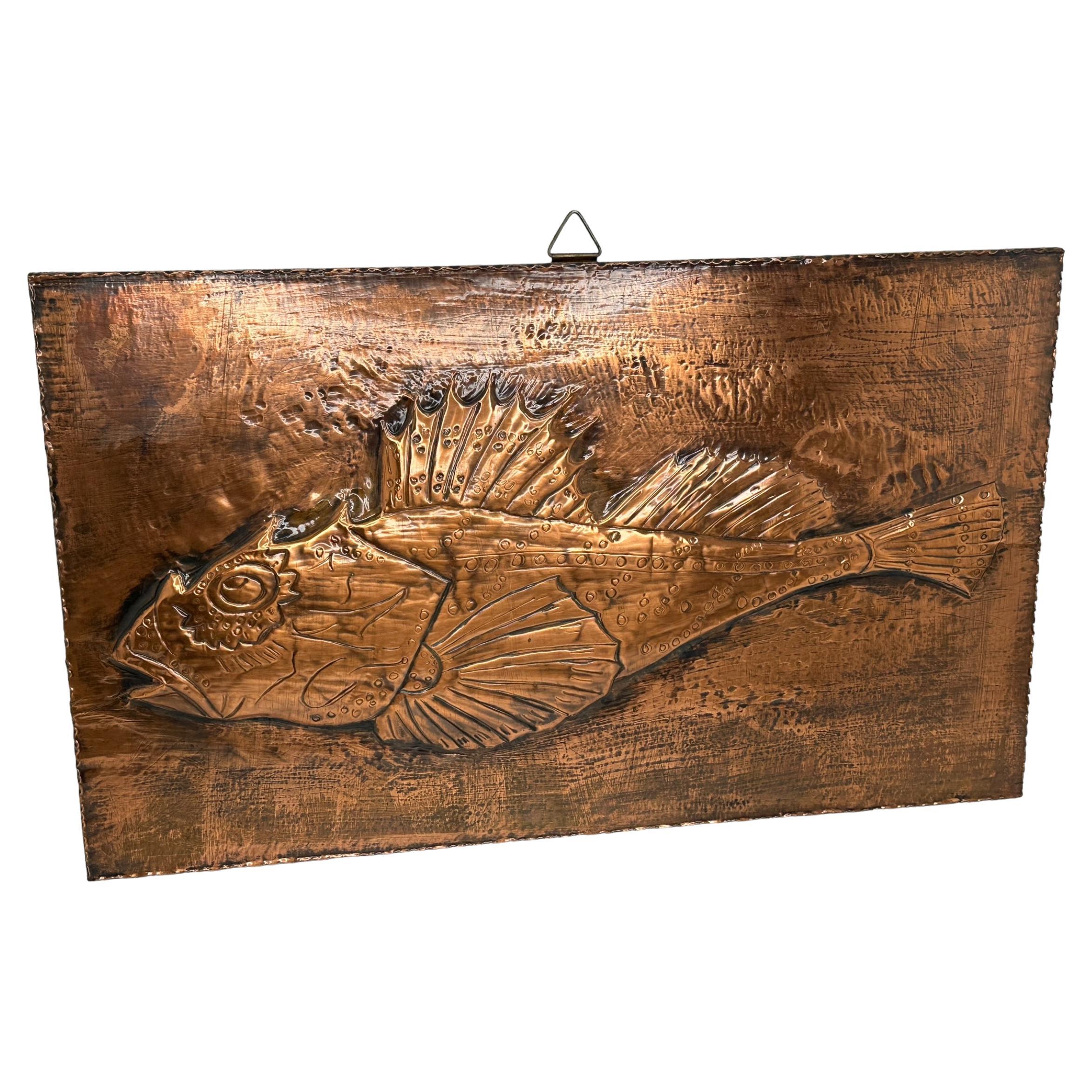 Fossil Bonefish Fish Copper Wall Decoration Wall Panel Picture Vintage, 1970s