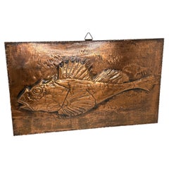 Fossil Bonefish Fish Copper Wall Decoration Wall Panel Picture Vintage, 1970s