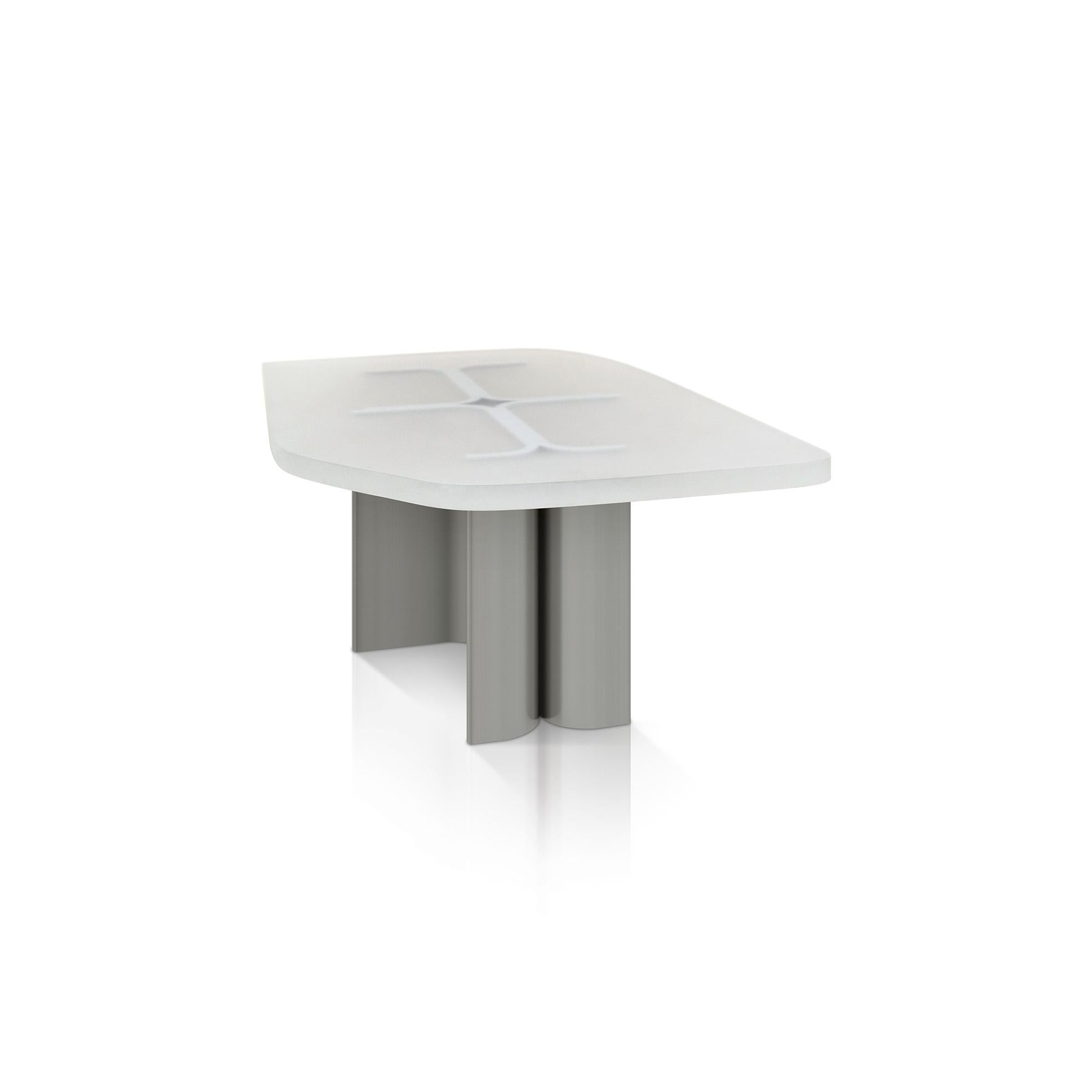 Modern Coffee Table Fossil in Brushed Steel and Transparent Opaque Resin For Sale