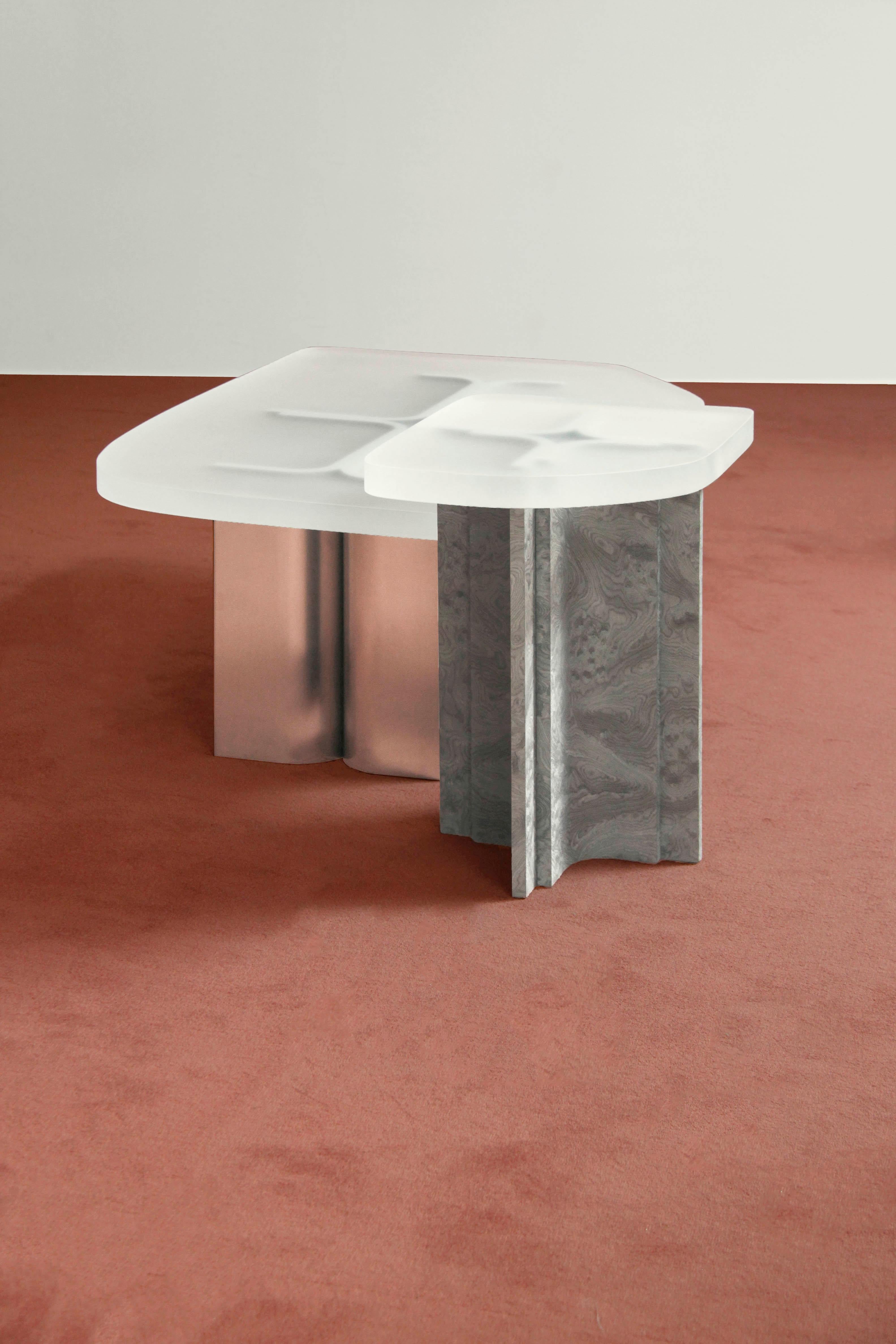 Coffee Table Fossil in Brushed Steel and Transparent Opaque Resin In New Condition For Sale In San Pietro di Morubio, Verona