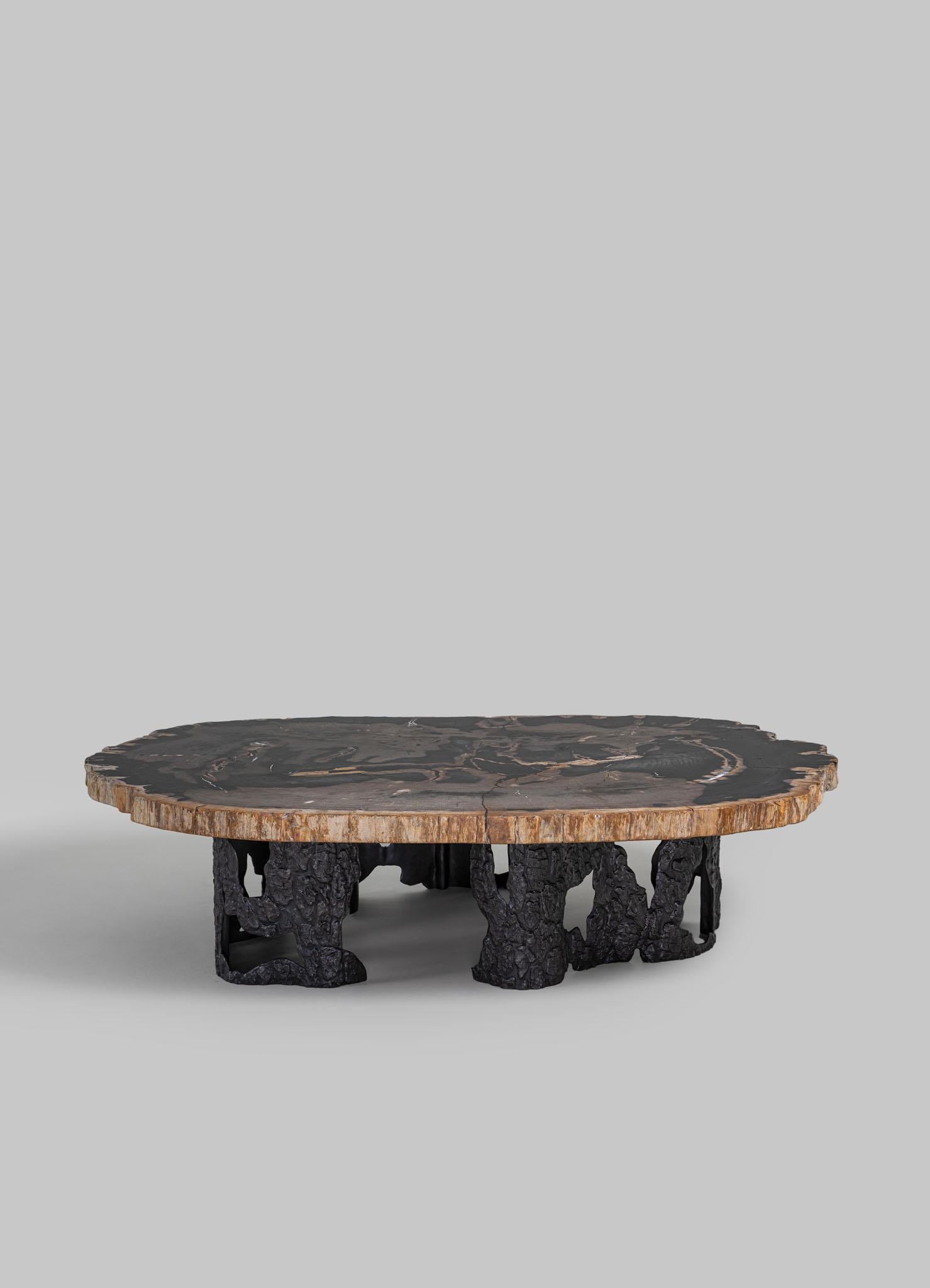 Indien Table basse Fossil avec plateau incrusté de bois pétrifié et laiton Viya de Vikram Goyal en vente