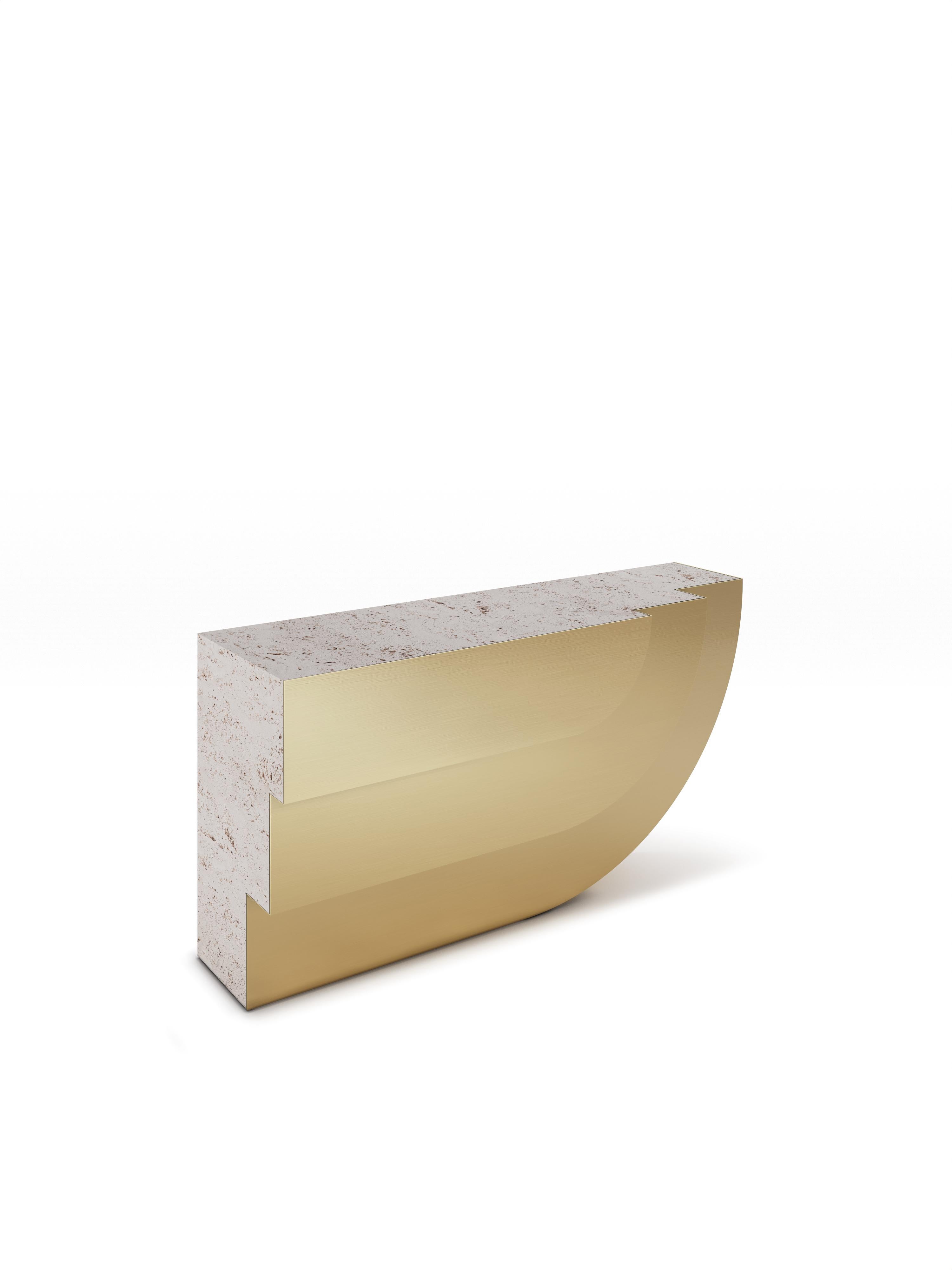 Fossil Console by Ginger & Jagger
Dimensions: D 50 x W 161 x H 81 cm. 
Materials: Travertine and brass.
Finish: Body in Romano Travertine in natural finishing; metal in Brass in Brushed finishing.

This product is suitable for custom size. This