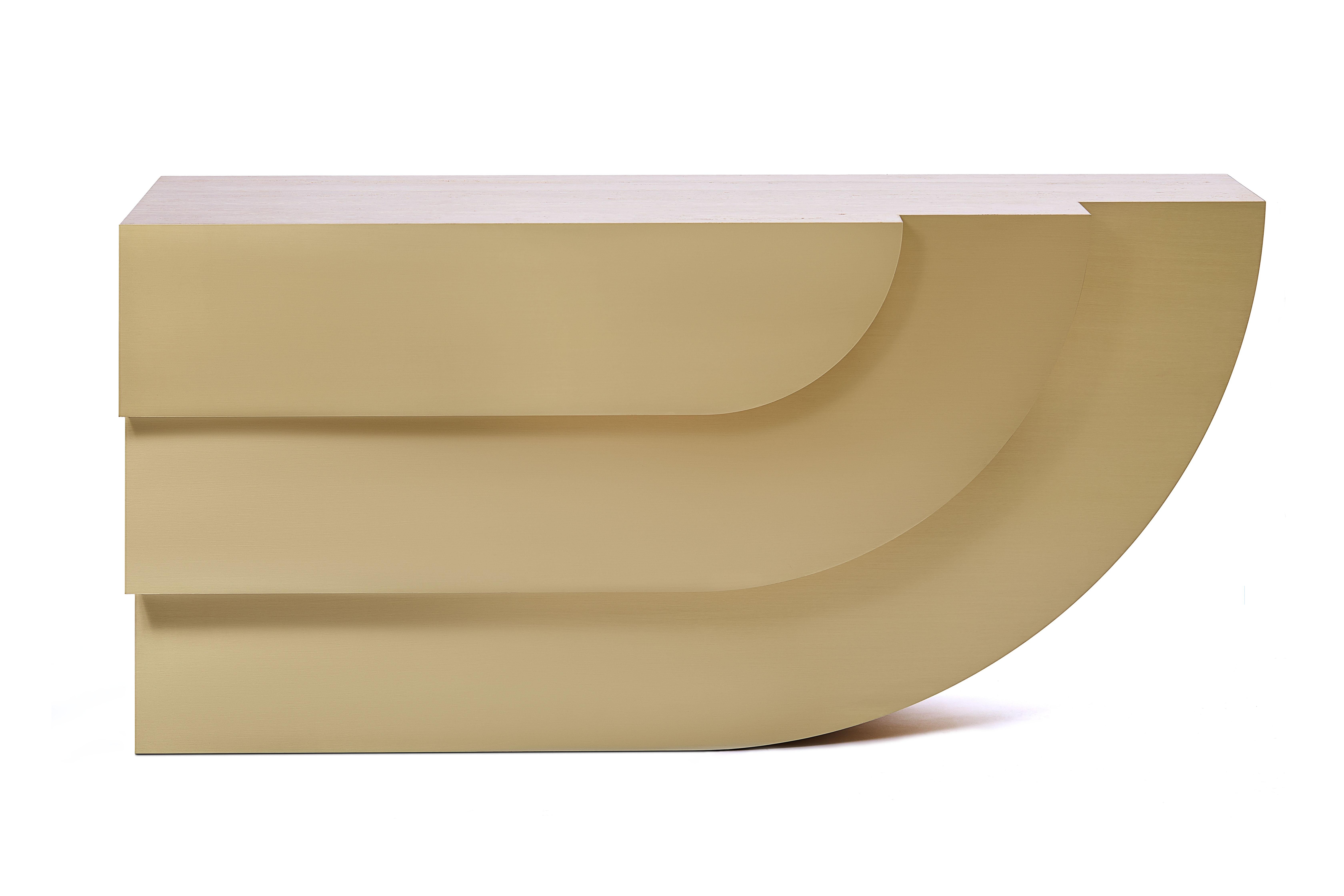 Fossil Console by Ginger & Jagger
Dimensions: D 50 x W 161 x H 81 cm. 
Materials: Estremoz Rose stone and brass.
Finish: Body in Estremoz Rose stone; metal in Brass in Brushed finishing.

This product is suitable for custom size. This product is