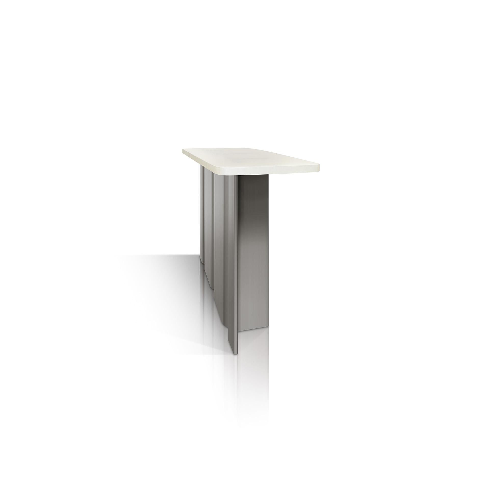 Modern Console Table Fossil in Brushed Steel and Beige Opaque Resin