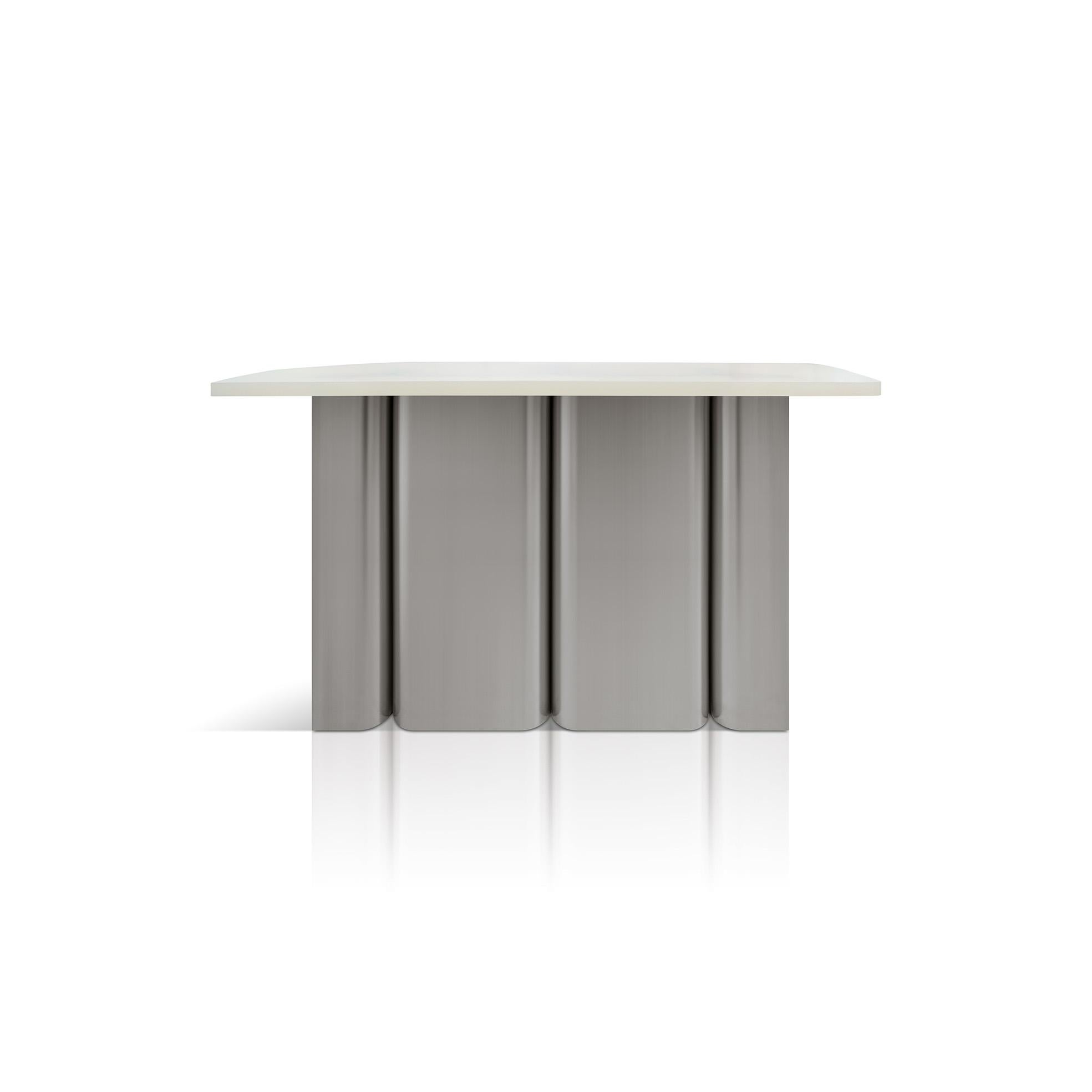 Italian Console Table Fossil in Brushed Steel and Beige Opaque Resin