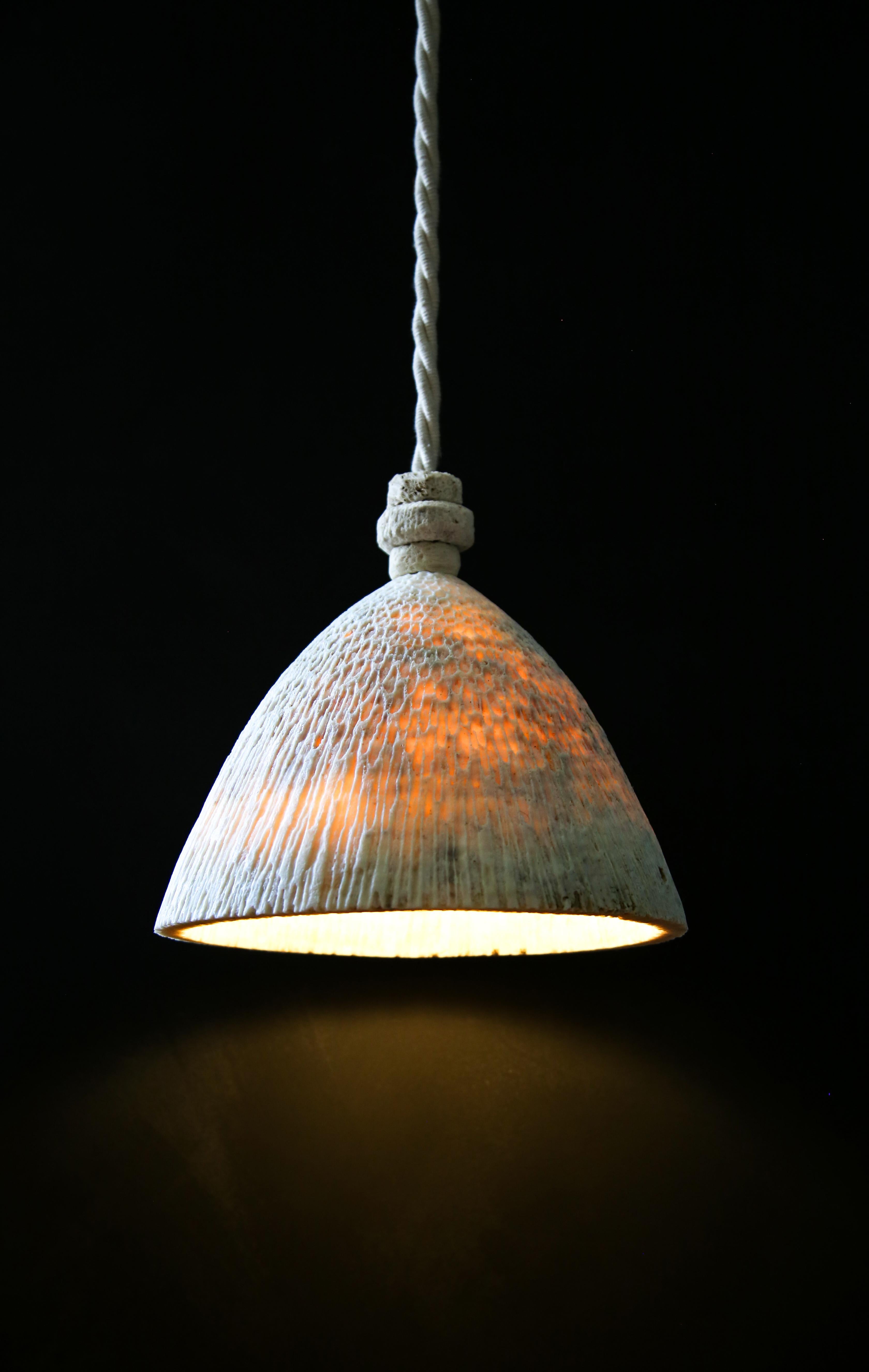 Contemporary Fossil Coral Cone Hanging Pendant (XL) Hand Crafted Ethical Rustic Chic, Minimal For Sale