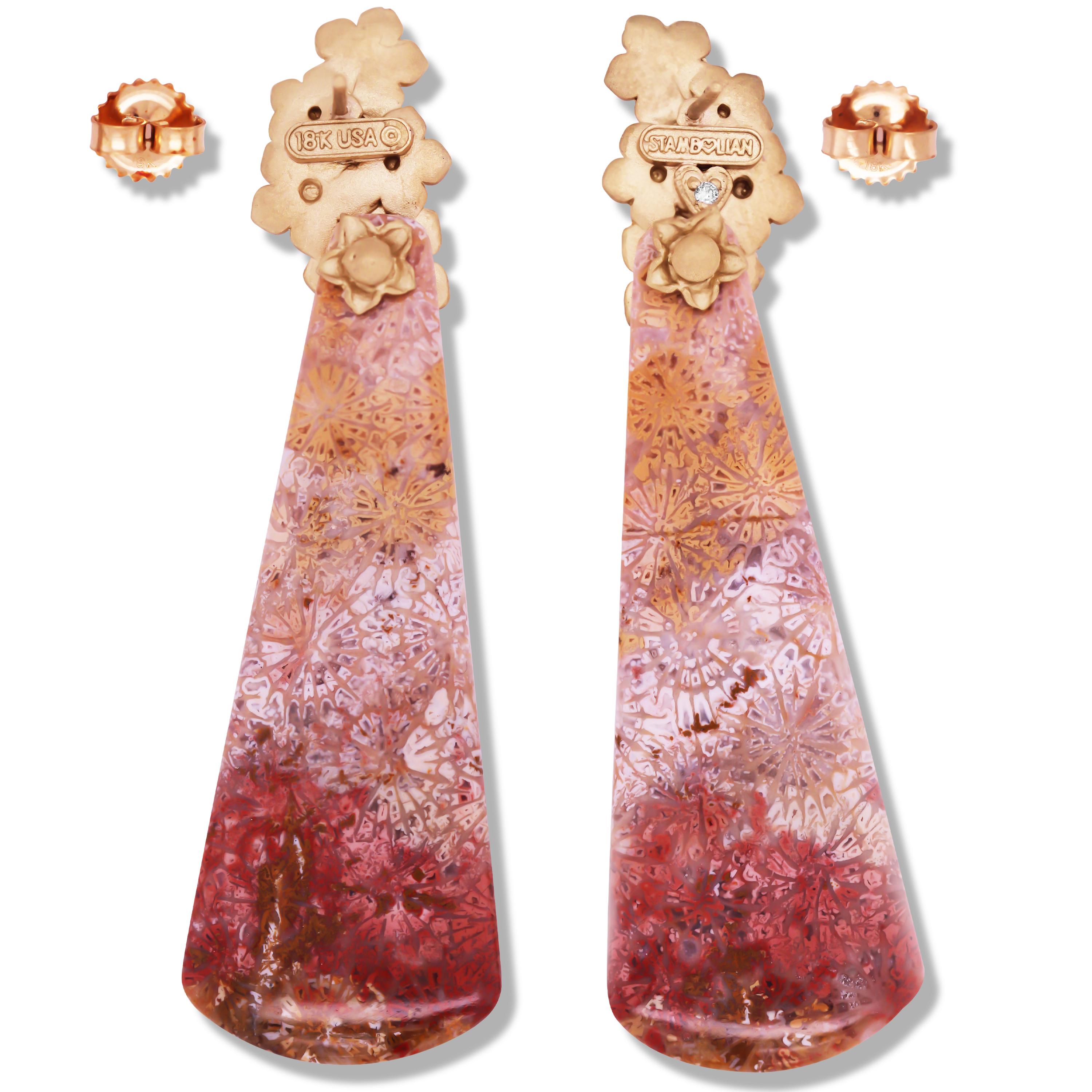 18K Yellow Gold and Diamond Floral Drop Earrings with Fossil Corals by Stambolian

This one-of-a-kind earrings by Stambolian is the finest example of natures beauty. These Fossil Corals are entirely natural and feature such incredible and natural
