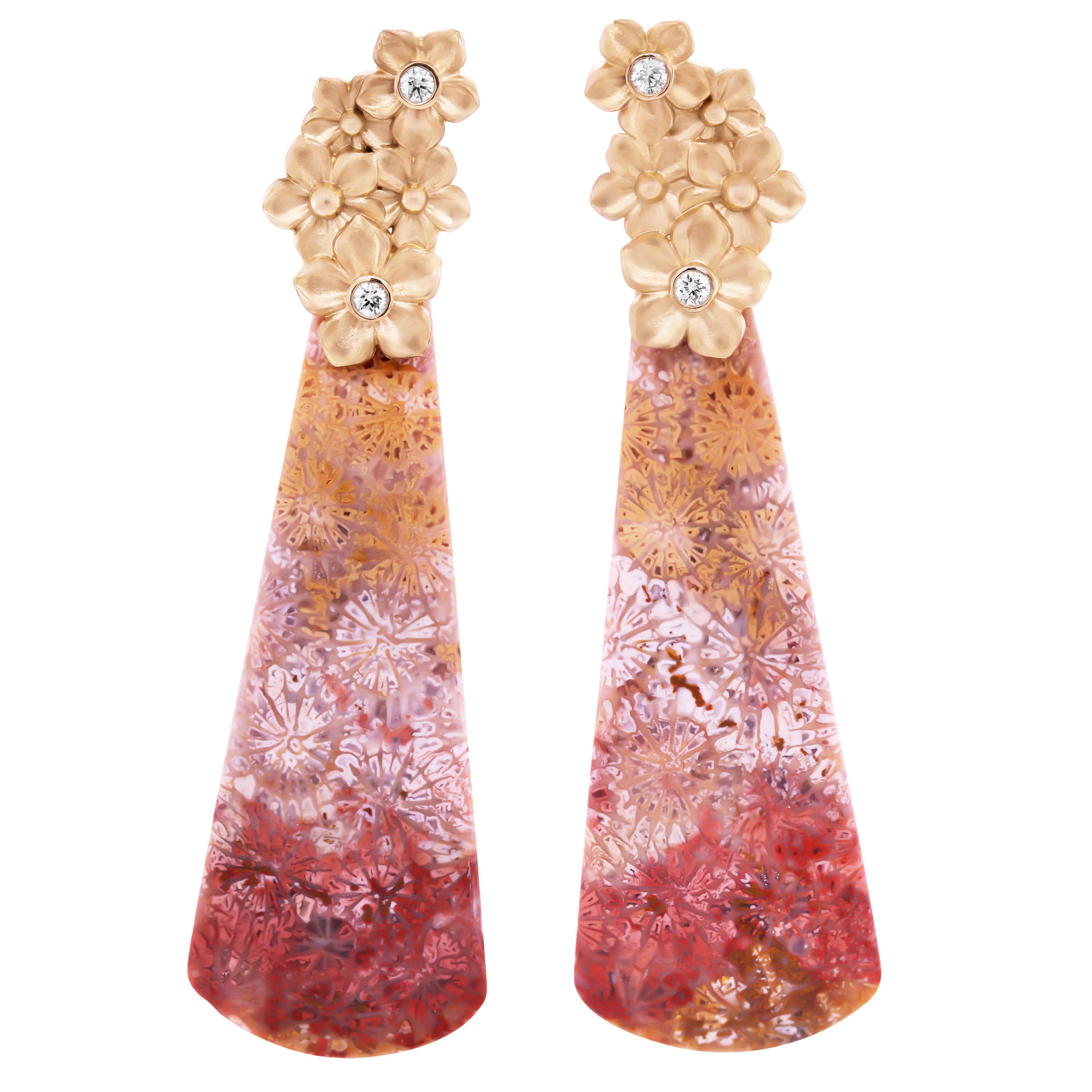 Fossil Coral Floral Drop Earrings with 18 Karat Gold and Diamonds Stambolian In New Condition In Boca Raton, FL