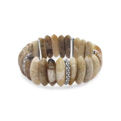 Fossil Coral Marquise Stretch Bracelet & Flower Engraved Sterling Silver Spacers
