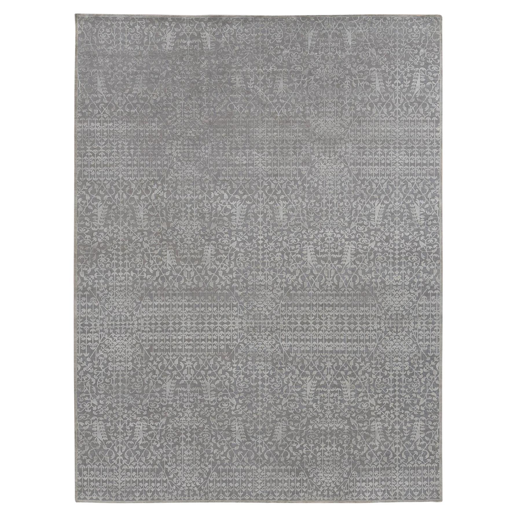 Seda Gris Fósil con Lana Tono sobre Tono Alfombra Oriental Anudada a Mano 9'0" x 12'1