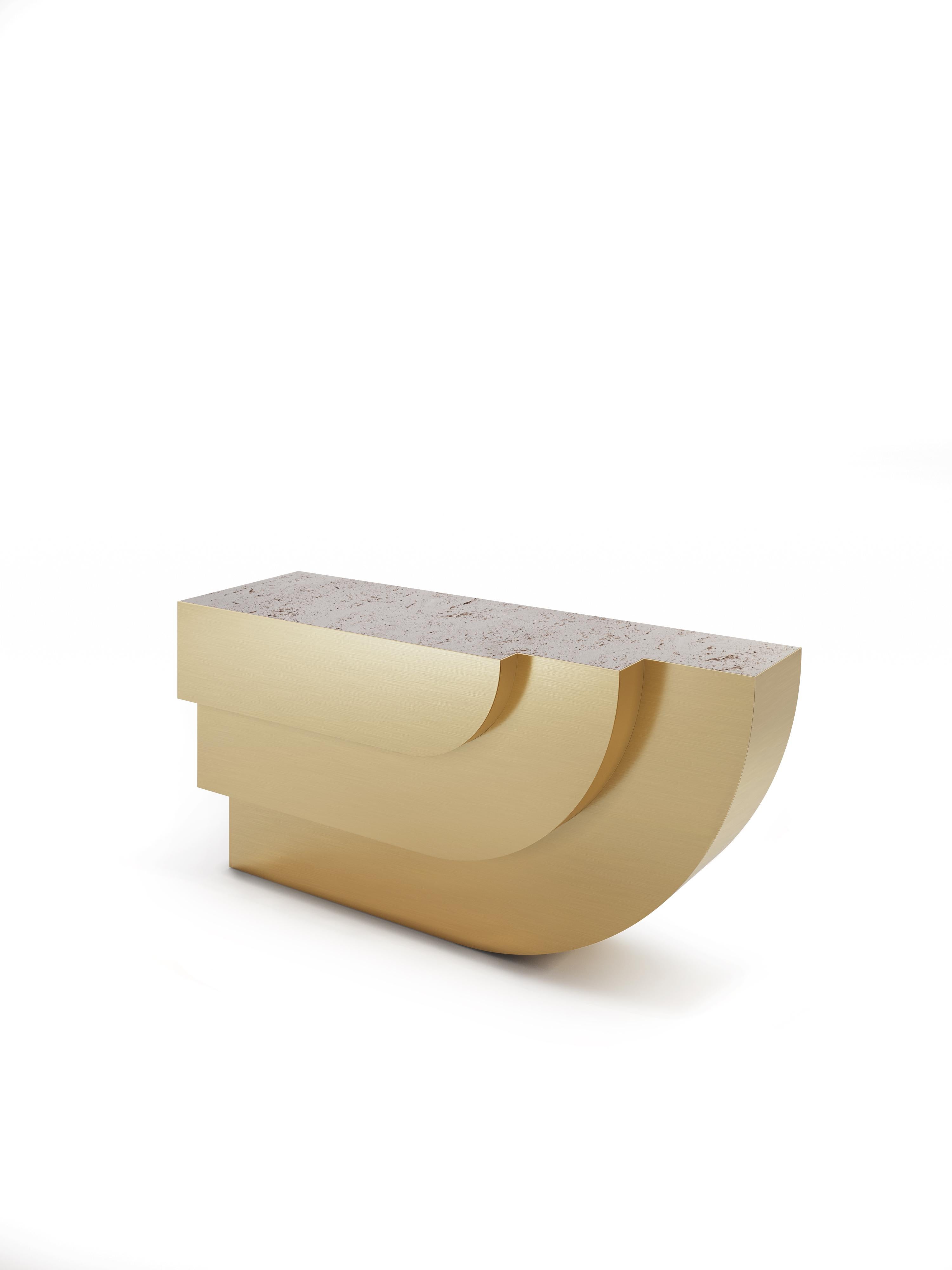 Fossil Metal Console by Ginger & Jagger
Dimensions: D 50 x W 161 x H 81 cm. 
Materials: Brass.
Finish: Brass in brushed finishing.

This product is suitable for custom size. This product is made for living areas and interior spaces only. This