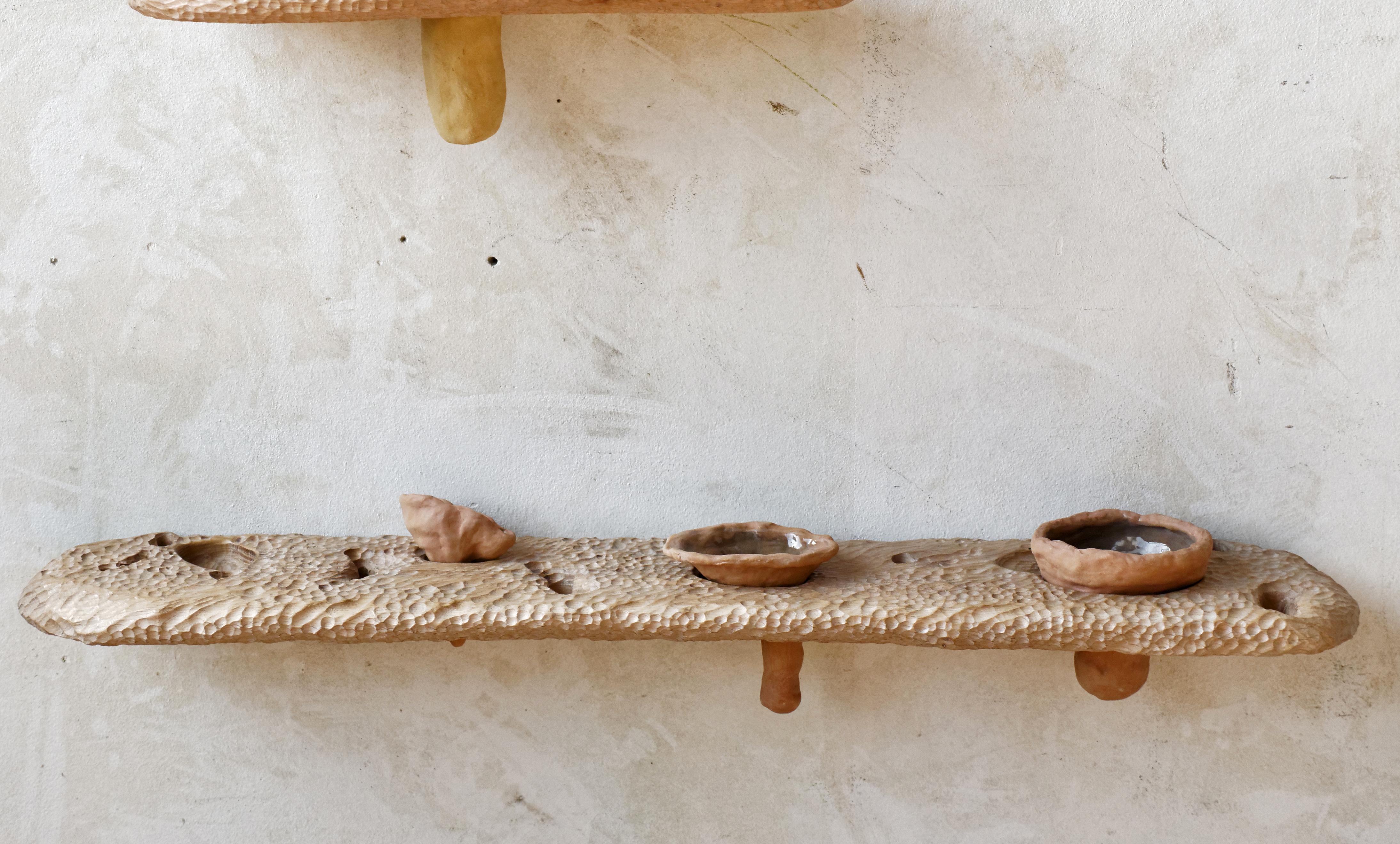 Fossil N.10 di The Whole Elements
2018
Pezzo unico
Dimensioni: L 100 x P 20 cm
Materiali: intagliato a mano, oak, 2 vasi: argilla formata a mano e smaltata all'interno

I fossili sono oggetti che richiedono coinvolgimento. Chi li usa non può