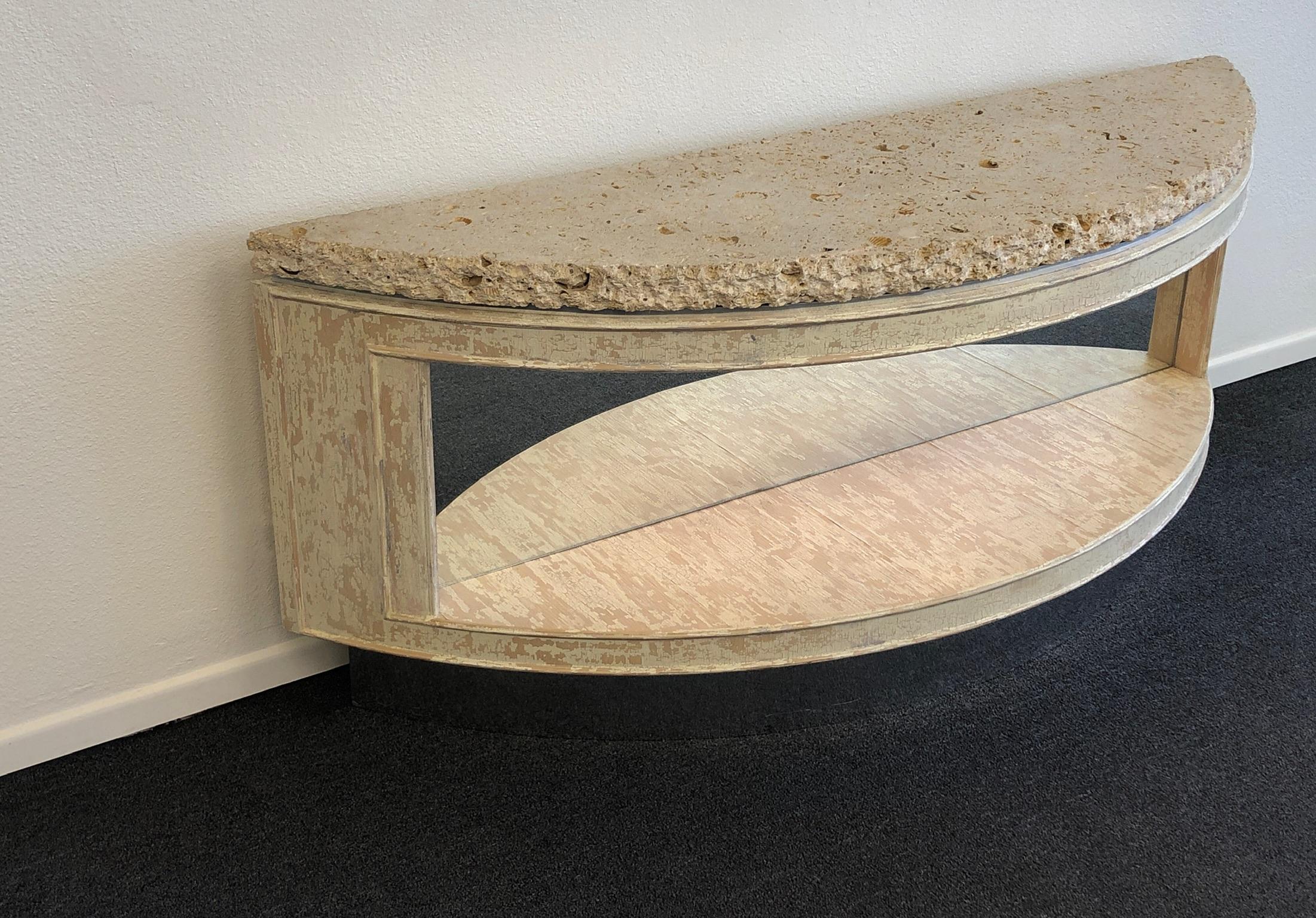 Modern Fossil Shell Stone Top Demilune Two-Tier Console Table by Steve Chase For Sale