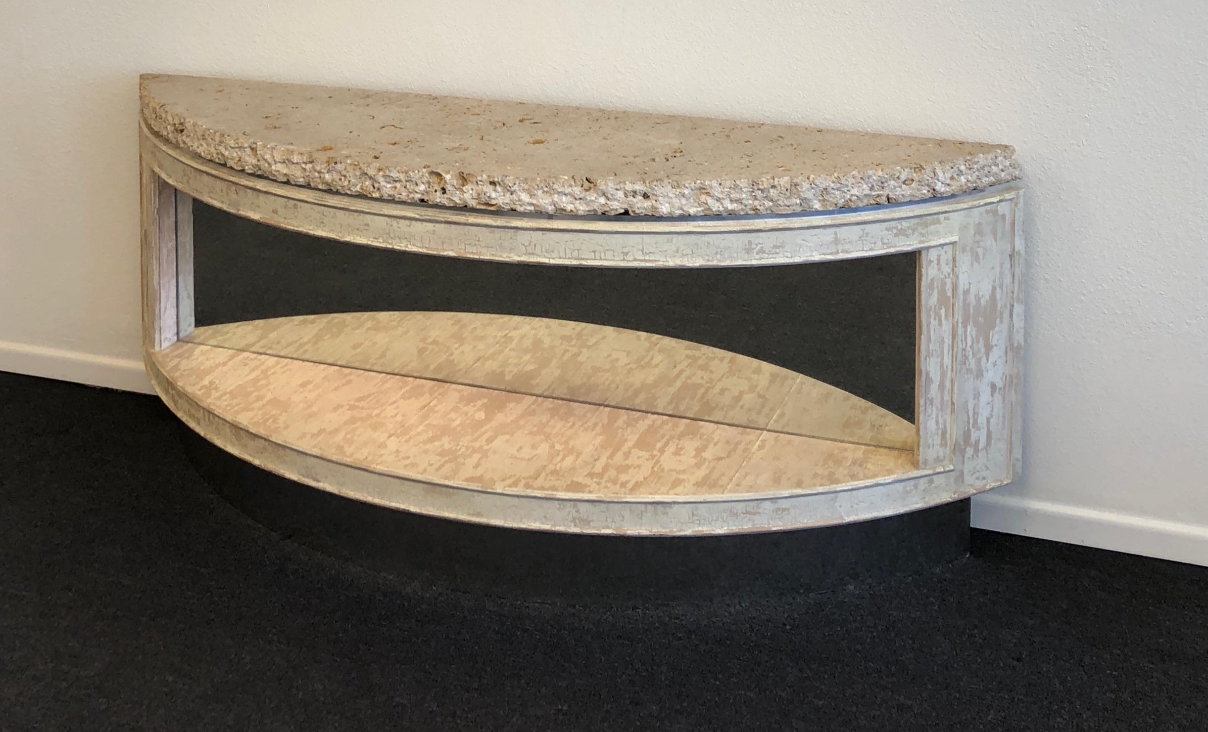 American Fossil Shell Stone Top Demilune Two-Tier Console Table by Steve Chase For Sale