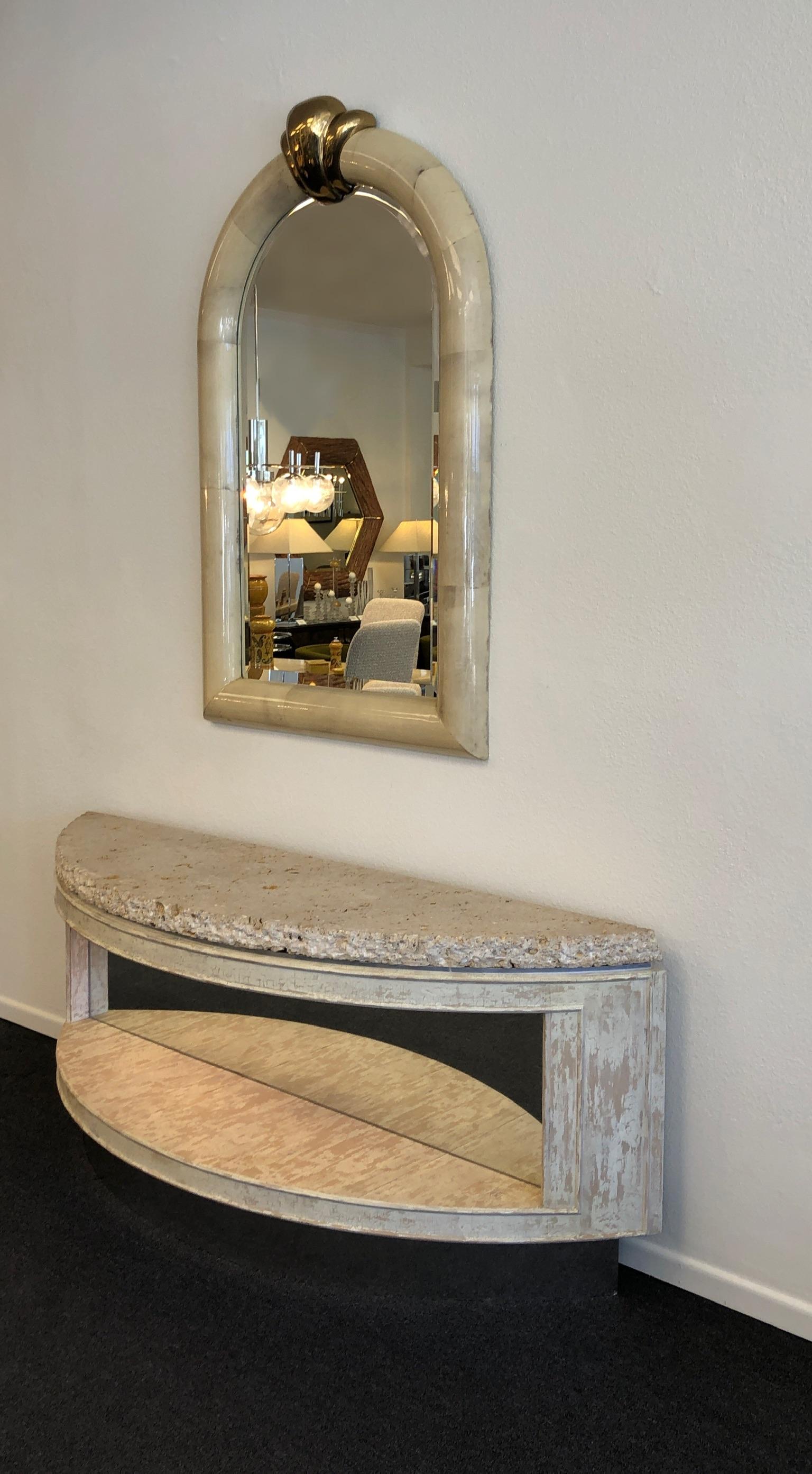 Lacquered Fossil Shell Stone Top Demilune Two-Tier Console Table by Steve Chase For Sale