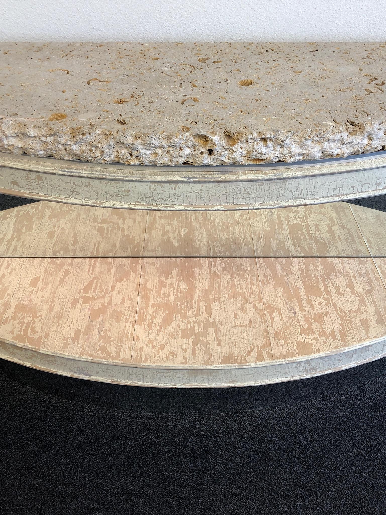 Fossil Shell Stone Top Demilune Two-Tier Console Table by Steve Chase In Good Condition For Sale In Palm Springs, CA