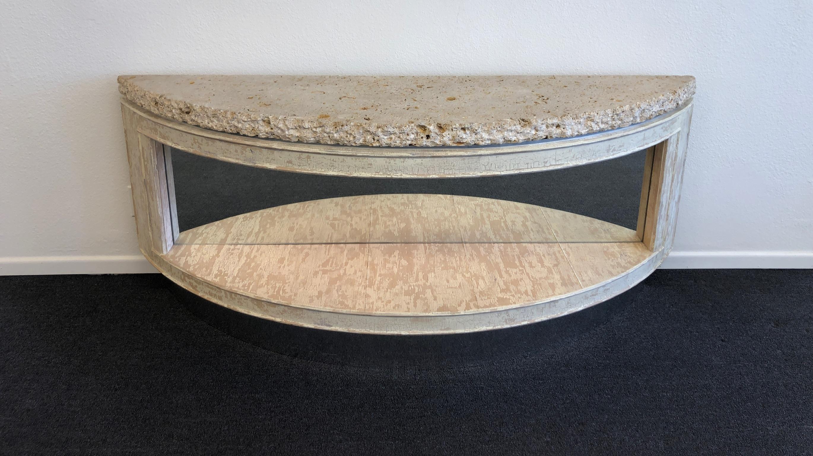 Fossil Shell Stone Top Demilune Two-Tier Console Table by Steve Chase For Sale 1