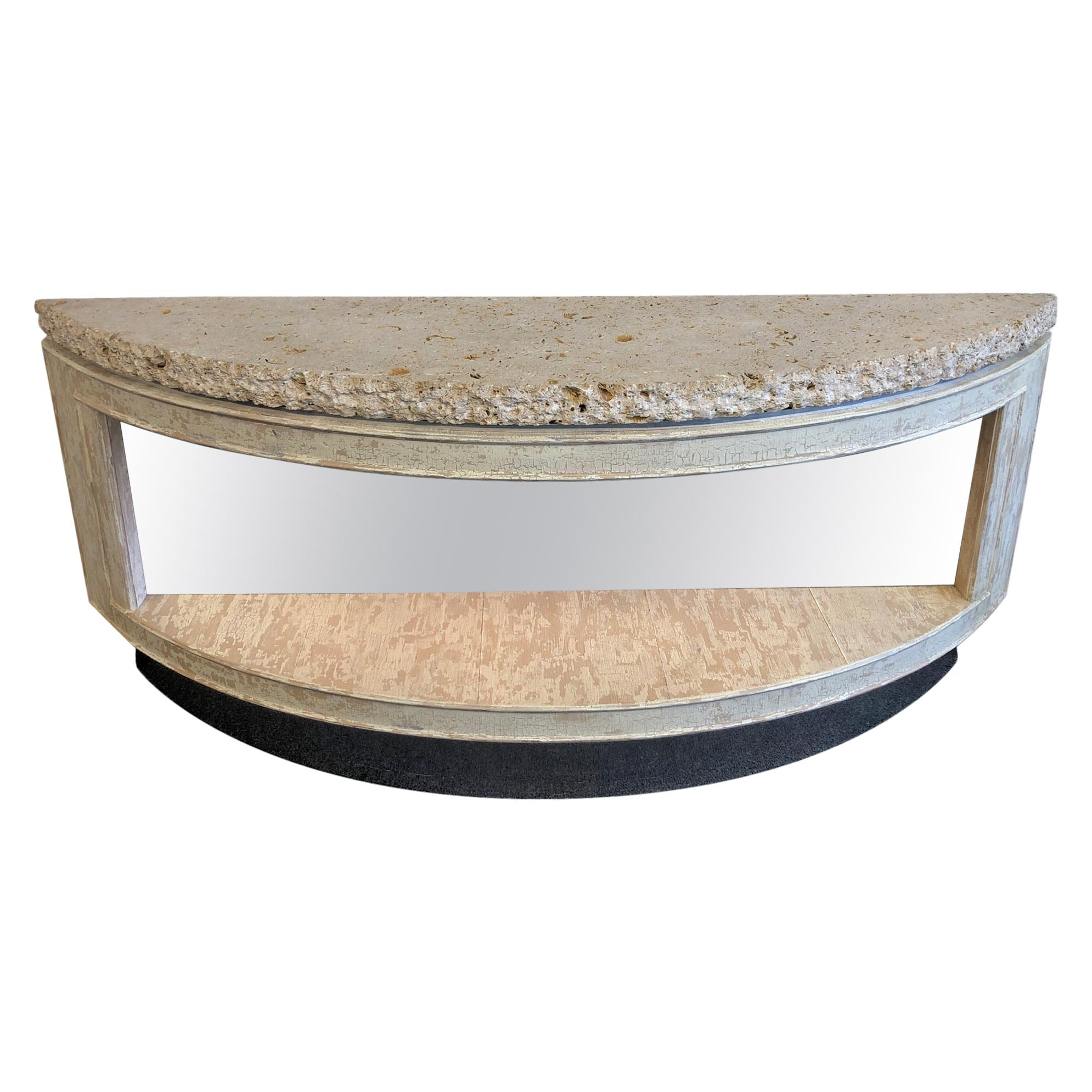 Fossil Shell Stone Top Demilune Two-Tier Console Table by Steve Chase