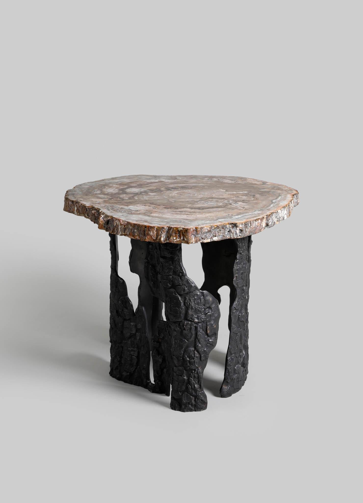 Fossil Side Table In Petrified Wood Overlay Top & Brass, Viya By Vikram Goyal

The slow, natural processes of the earth often yield the most remarkable designs. Petrified wood forms over thousands of years, as water and minerals gradually seep into