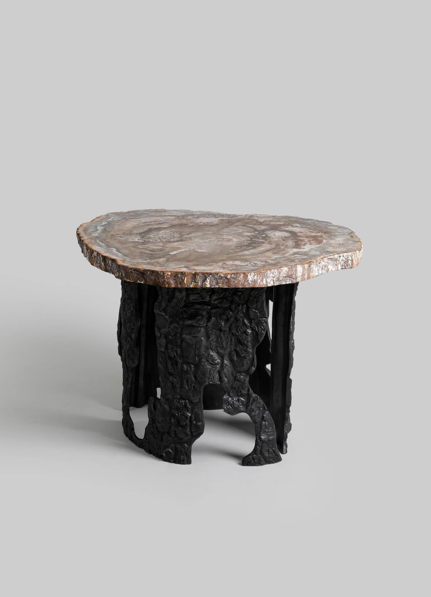 Indian Fossil Side Table In Petrified Wood Overlay Top & Brass, Viya By Vikram Goyal For Sale